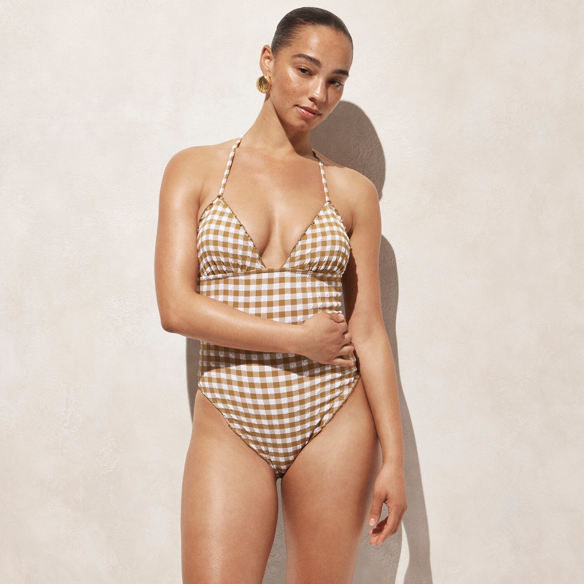 Ruched plunge one-piece swimsuit in gingham