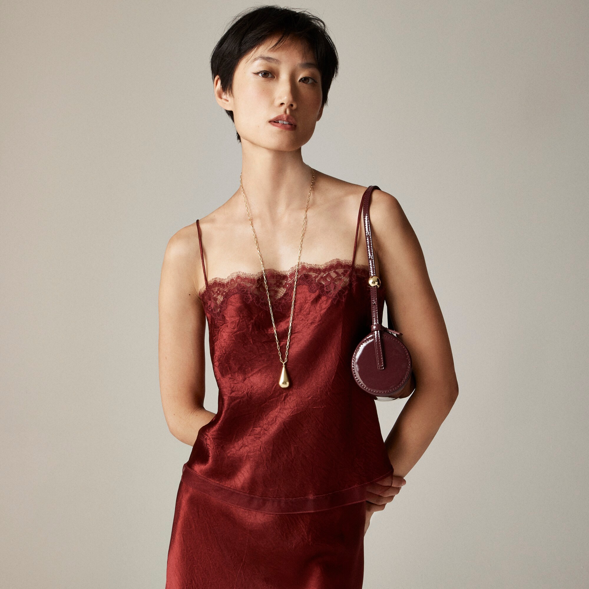 Lace-trim camisole top in textured satin