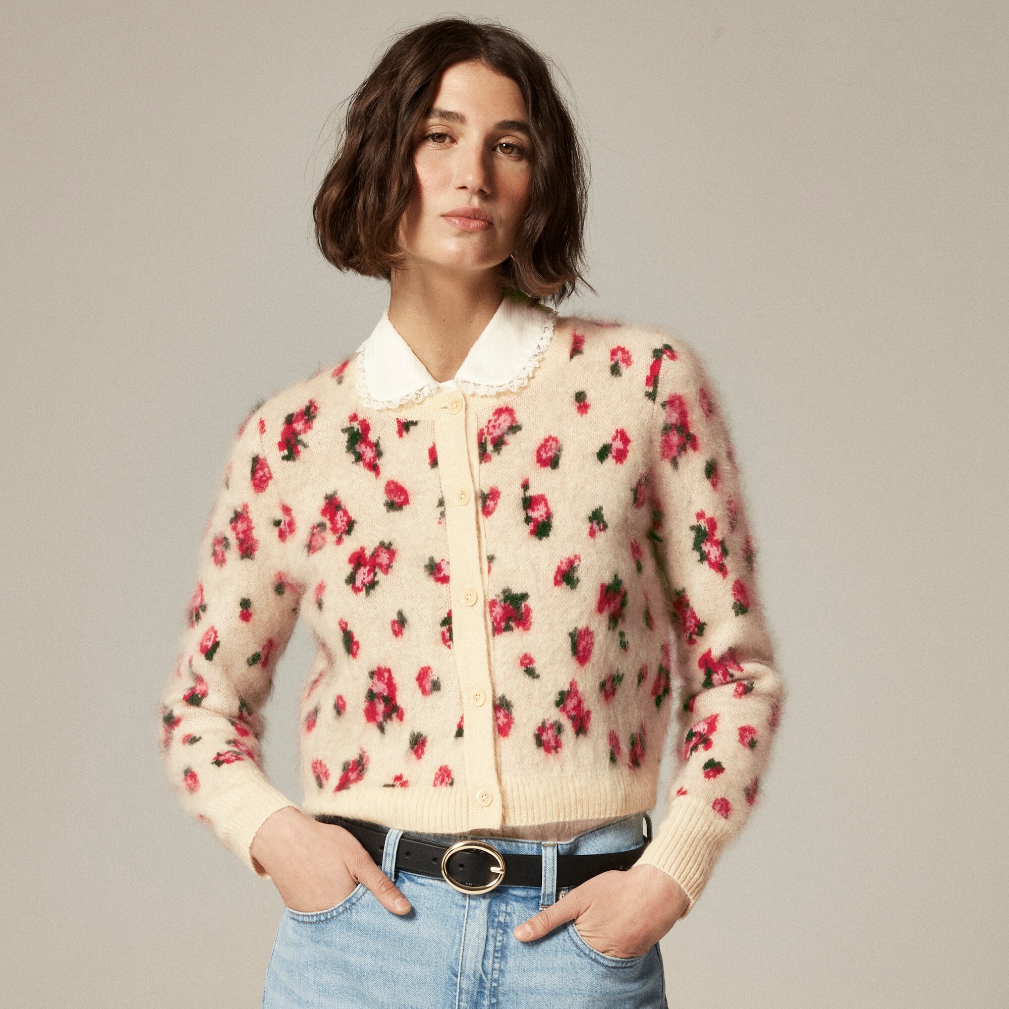 Brushed cashmere cropped cardigan in blurry floral