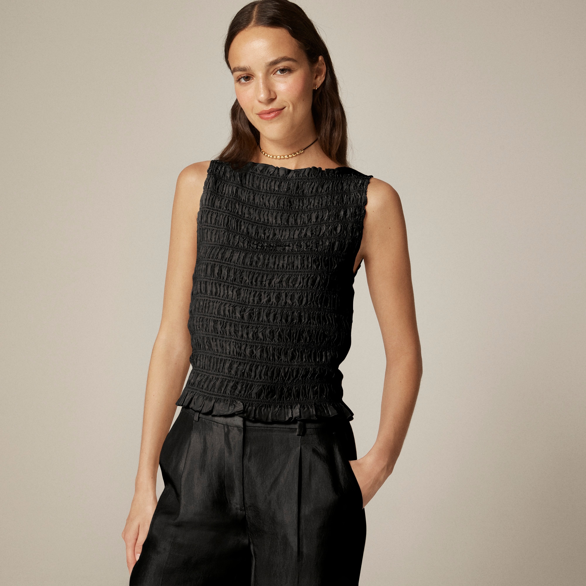 Smocked shell tank top in crepe de chine