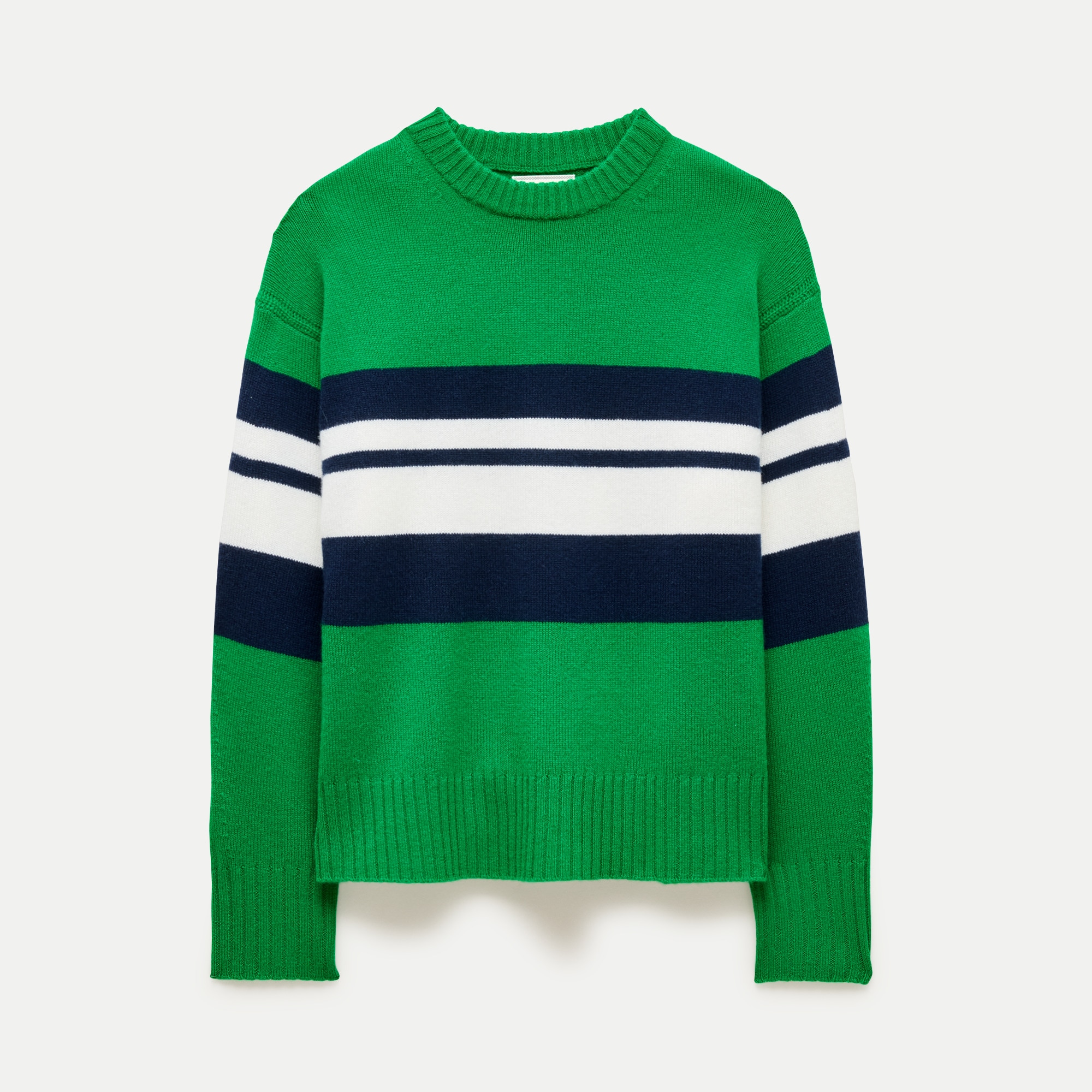 Oversized cashmere crewneck sweater in placed stripe