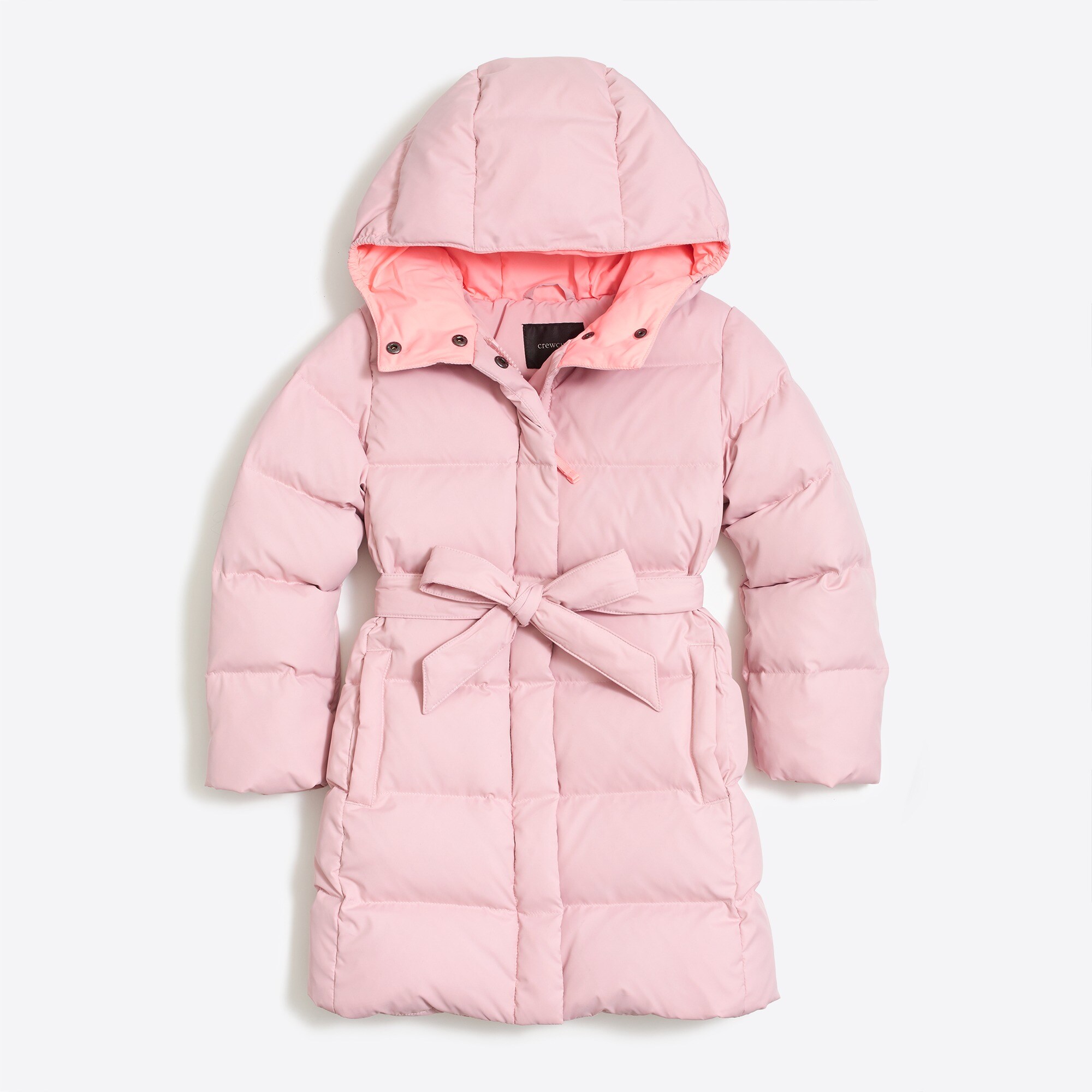 factory girls' long belted puffer jacket for girls