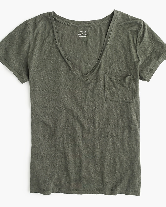 j.crew: linen v-neck pocket t-shirt for women, right side, view zoomed