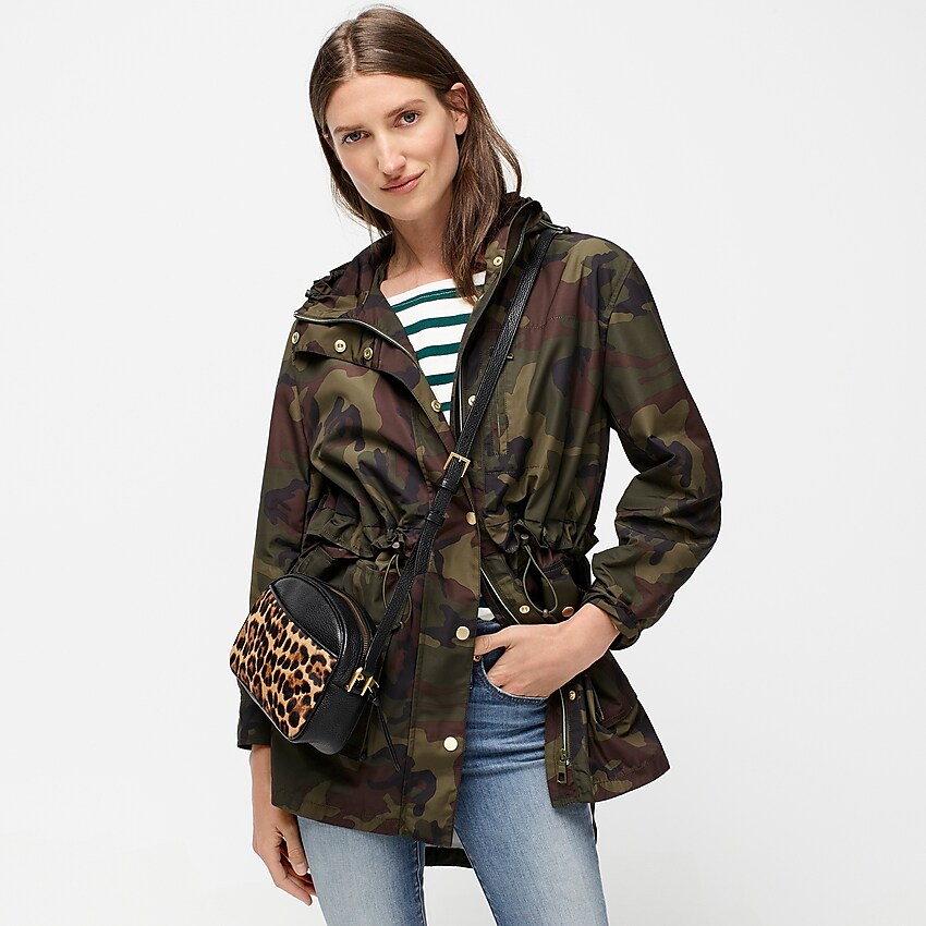 j.crew: perfect rain jacket in camo for women, right side, view zoomed
