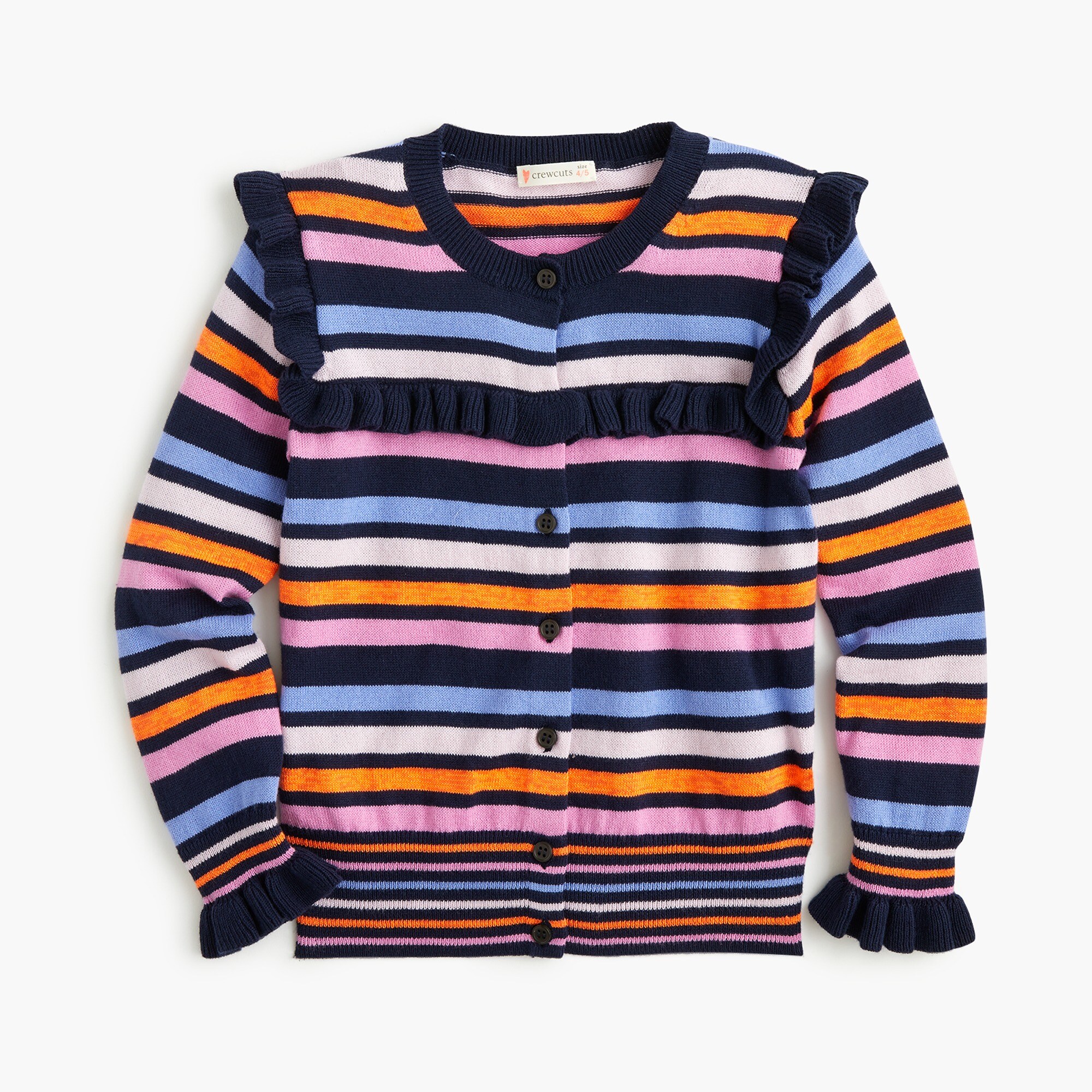 Girls' ruffle-trimmed cardigan sweater in stripes