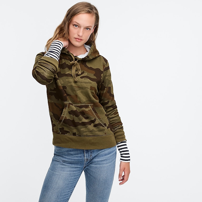 j.crew: supercozy fleece hoodie sweatshirt in camo, right side, view zoomed