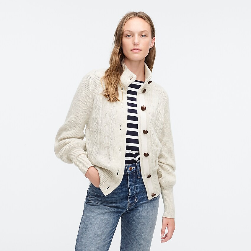 j.crew: balloon sleeve cable knit cardigan, right side, view zoomed