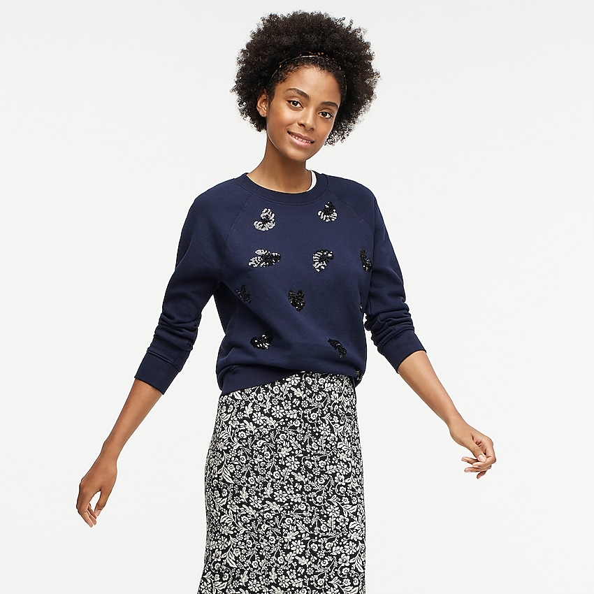 j.crew: crewneck sweatshirt in beaded leopard, right side, view zoomed