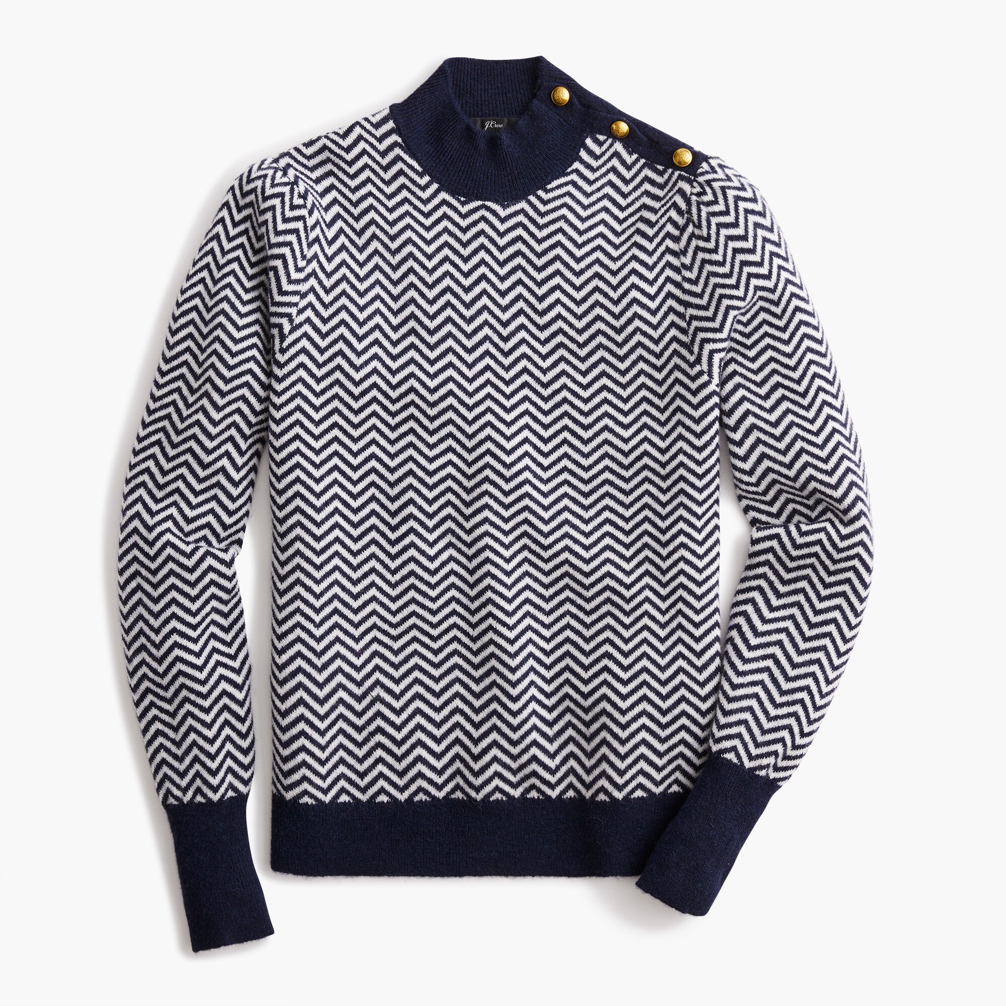 Button-detail mockneck sweater in herringbone