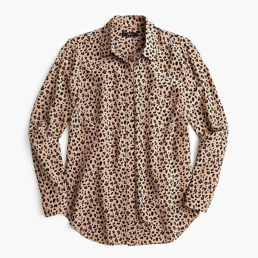 j.crew: silk button-up shirt in leopard for women, right side, view zoomed