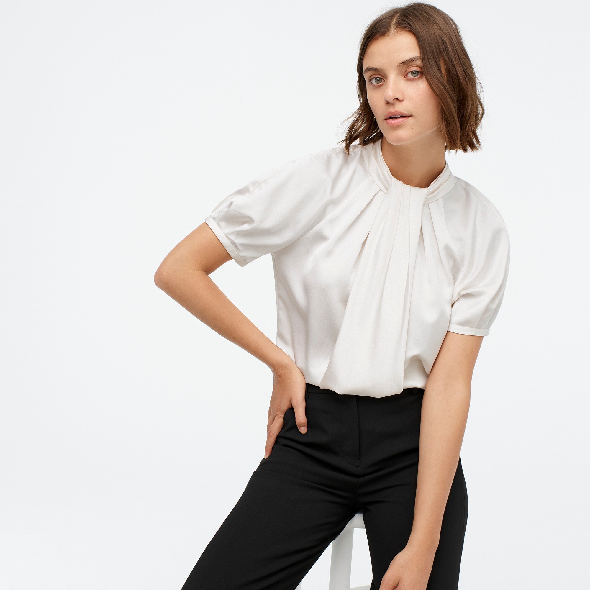 J Crew Short Sleeve Mockneck Top In Satin Backed Crepe For Women