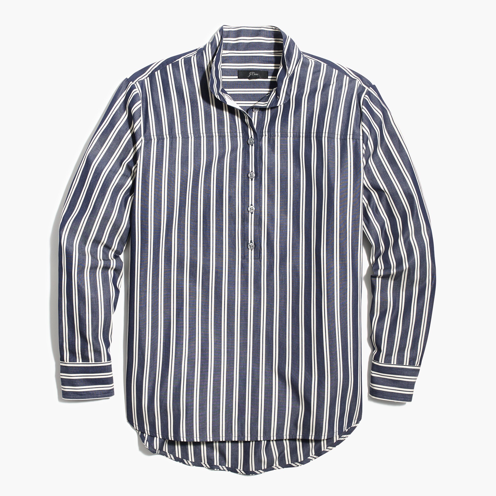 Band-collar popover in indigo stripe