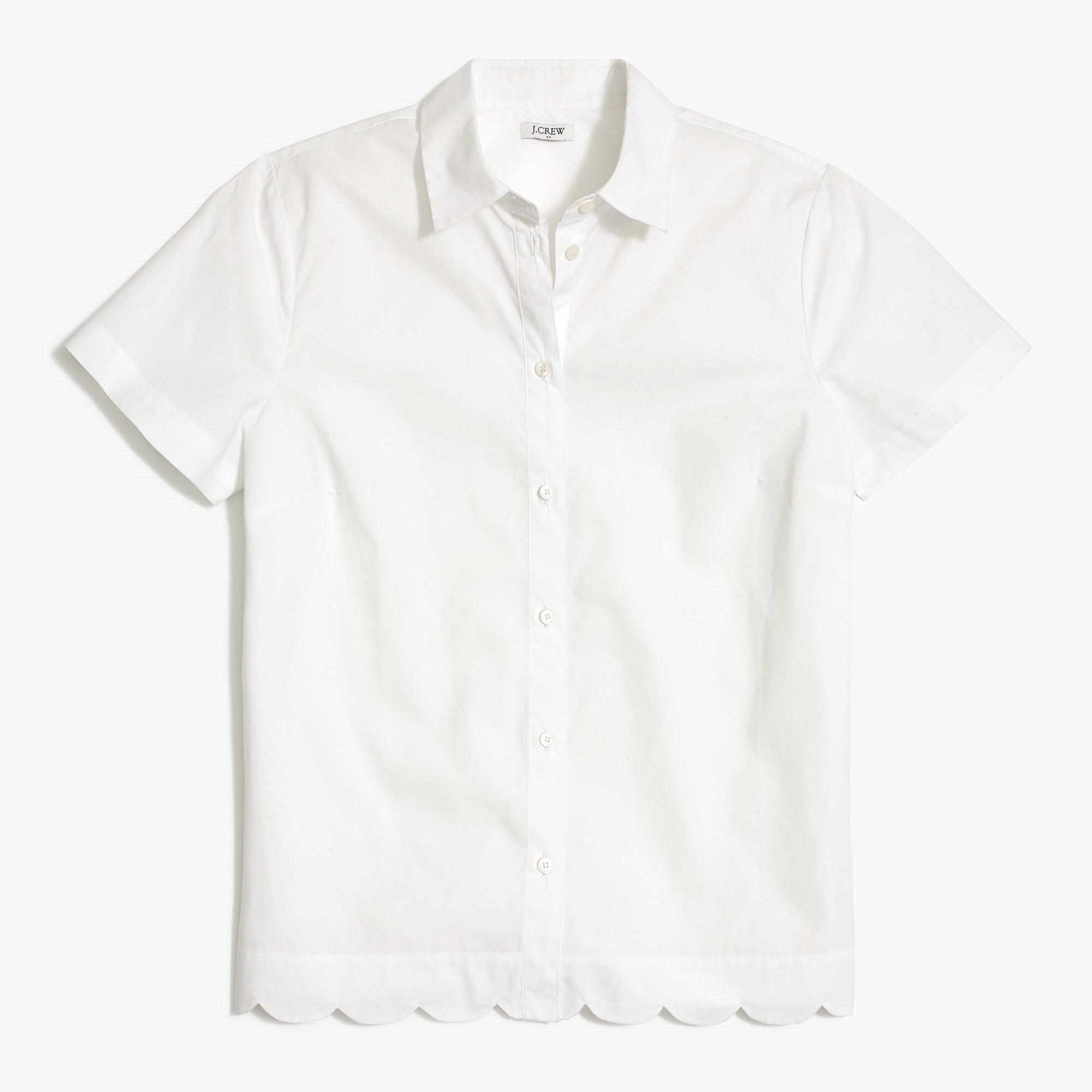 Short-sleeve button-up top with scalloped hem