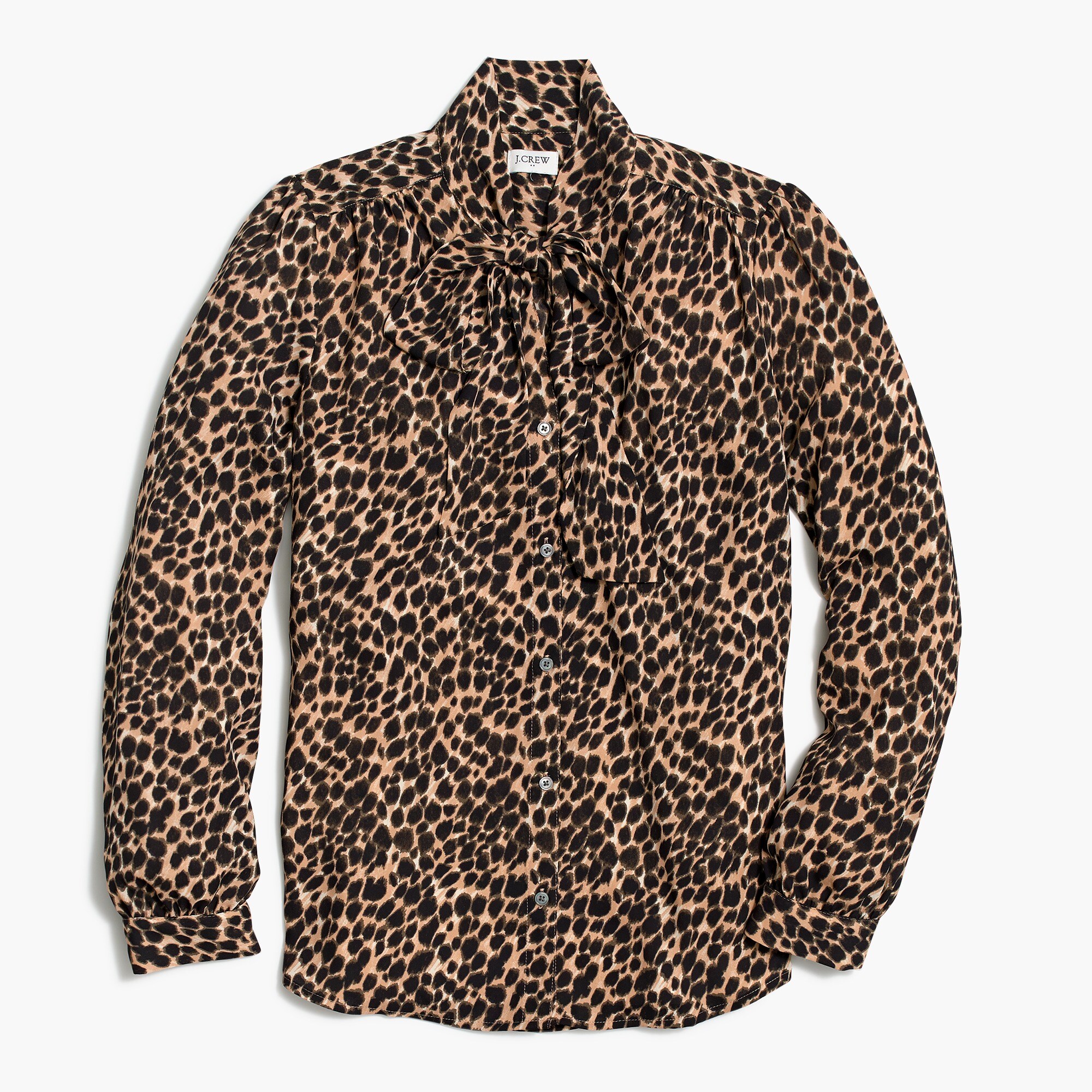 Long-sleeve leopard drapey tie-neck top