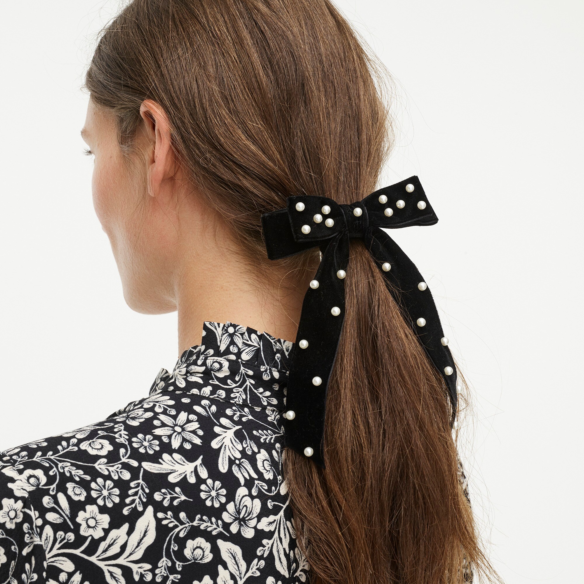 J Crew Velvet Bow Hair Tie With Pearls