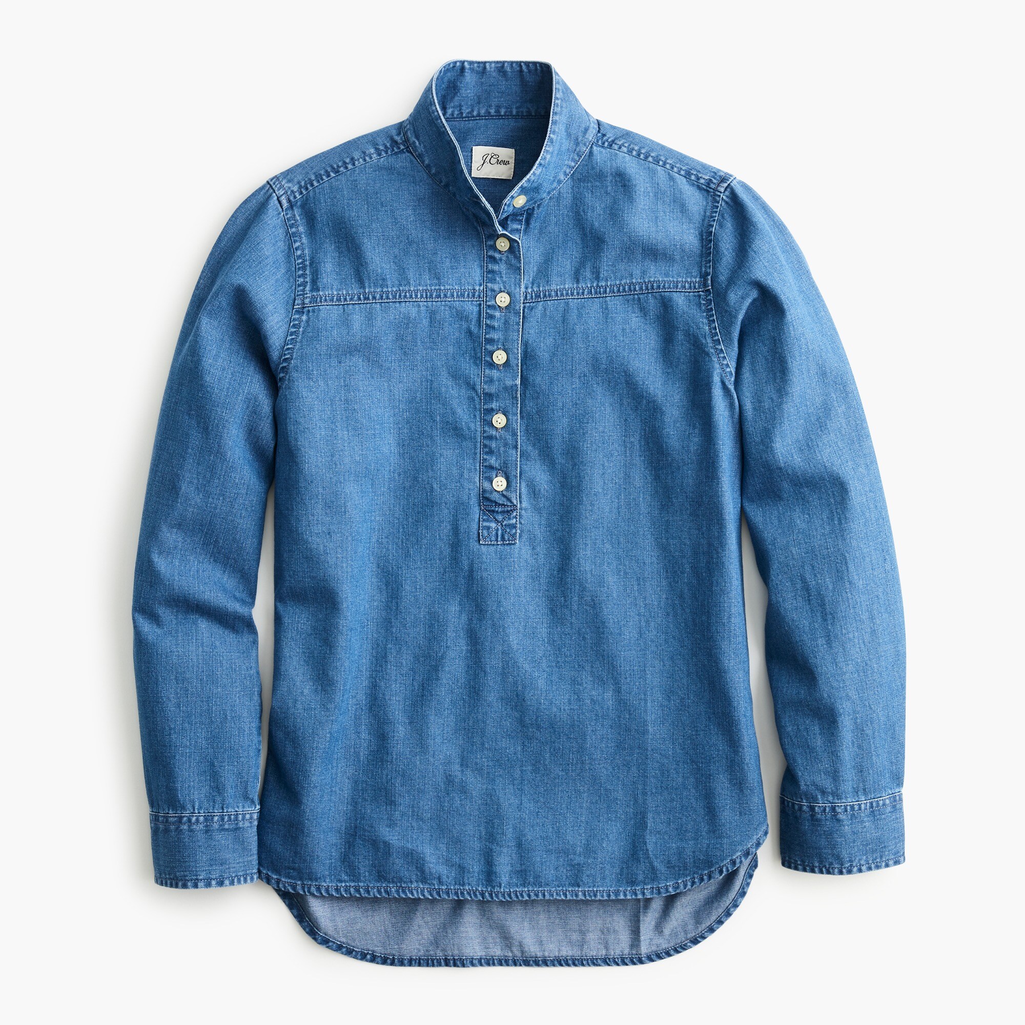 Band-collar popover tunic in chambray