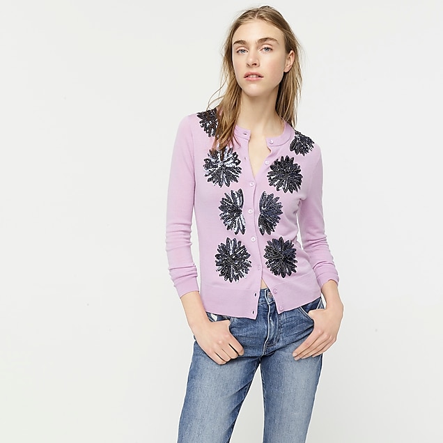 j.crew: sequin flower jackie cardigan sweater, right side, view zoomed