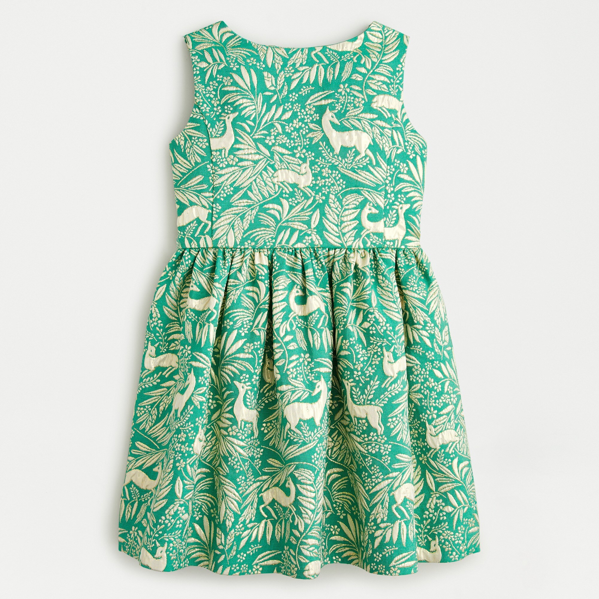 Girls' sleeveless jacquard dress in botanical deer print