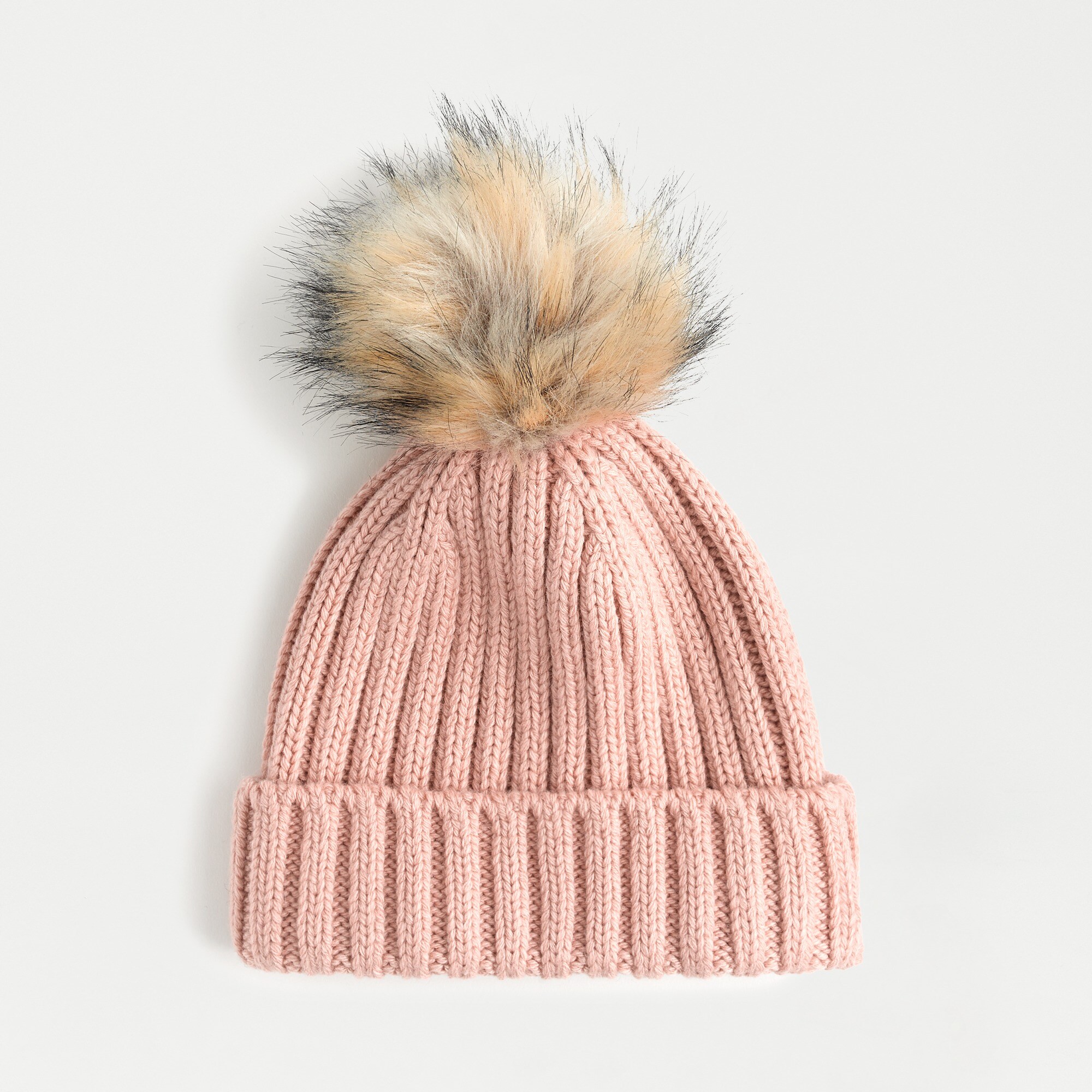 ribbed beanie with faux-fur pom-pom :, right side, view zoomed