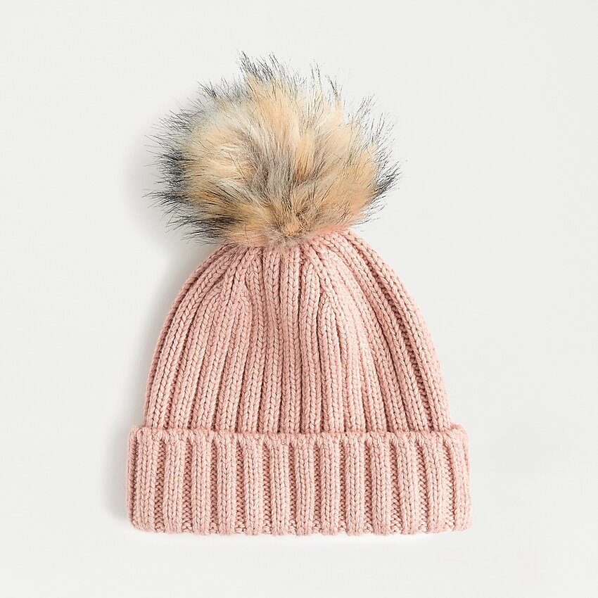 ribbed beanie with faux-fur pom-pom :, right side, view zoomed