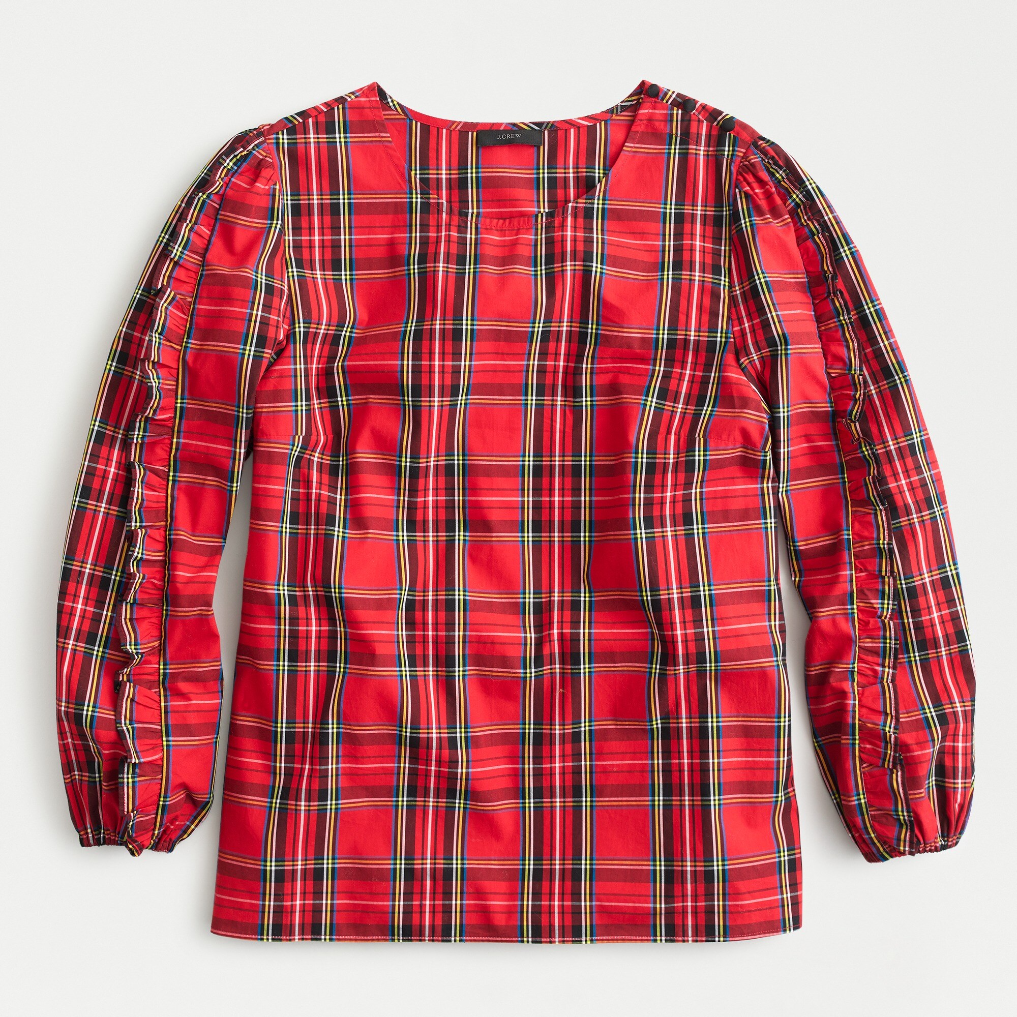 Ruffle-sleeve top in red Stewart tartan
