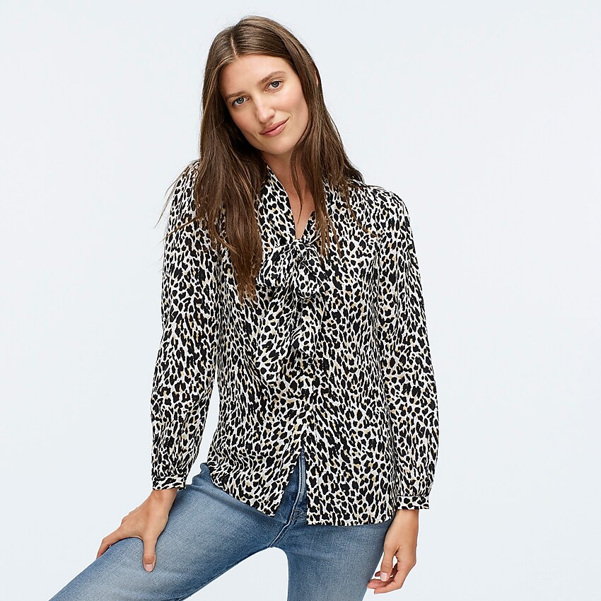 j.crew: silk tie-neck blouse in leopard for women, right side, view zoomed