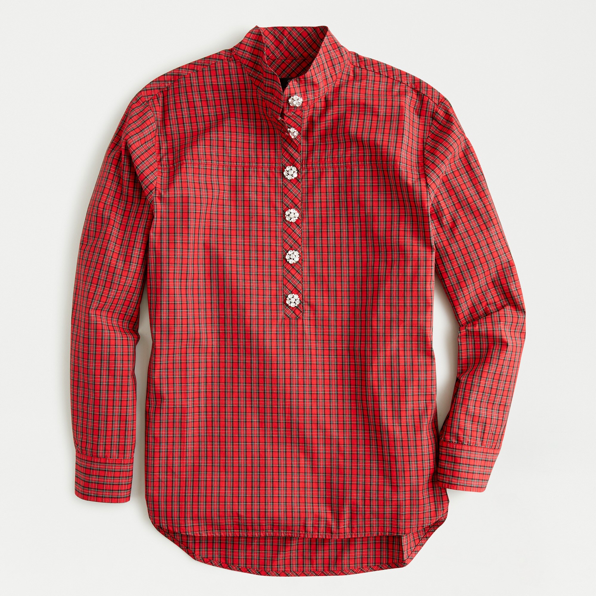 Jeweled Button Popover Tunic In Red Checkered Plaid For
