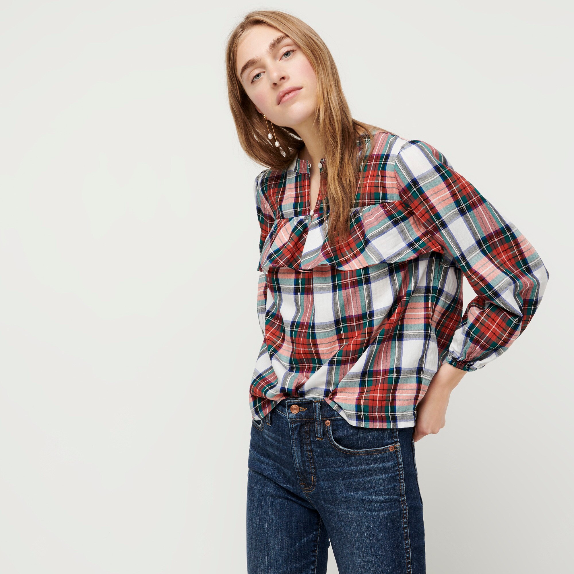 j.crew: ruffle top in snowy stewart tartan, right side, view zoomed