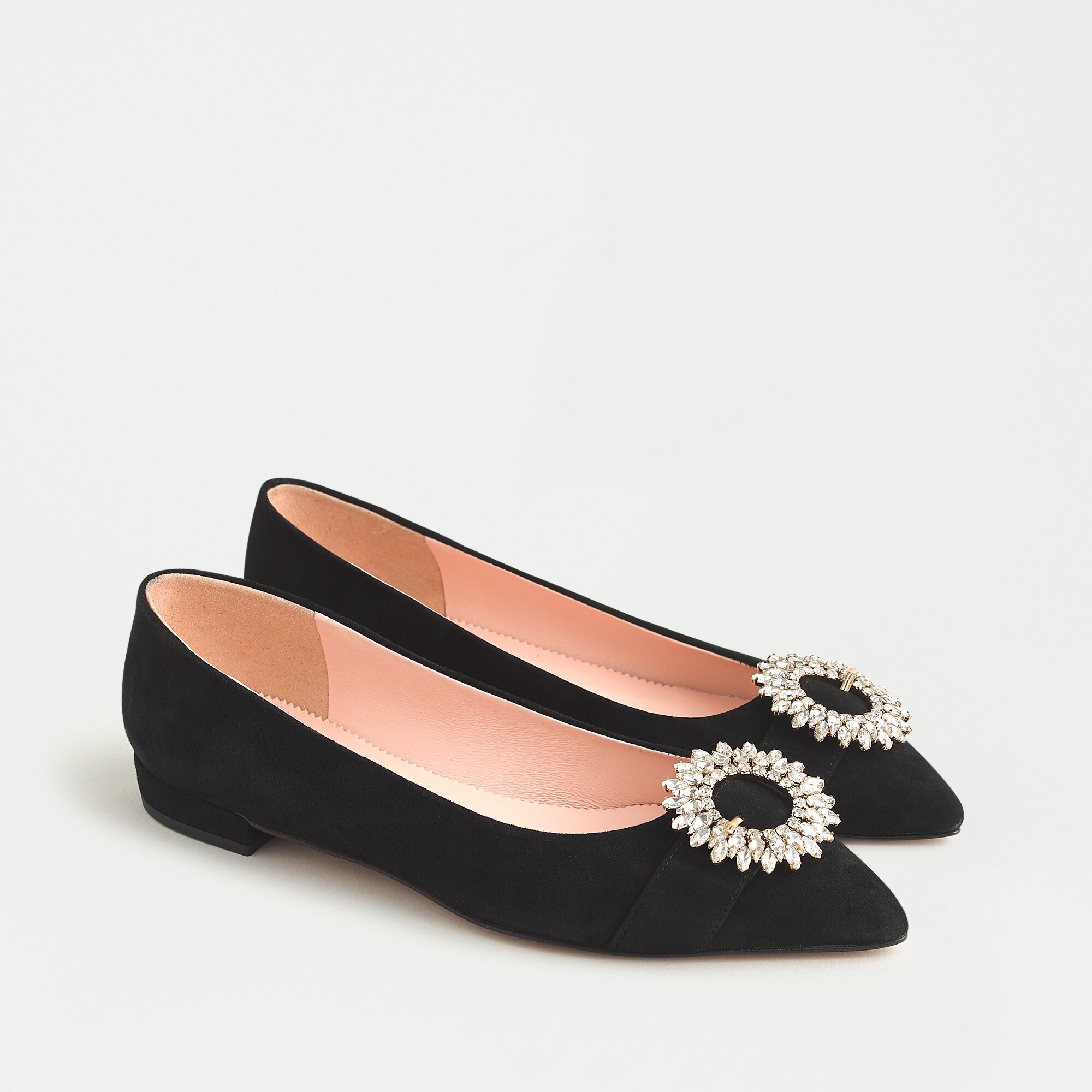 Pointed-toe flats in suede with crystal buckle detail