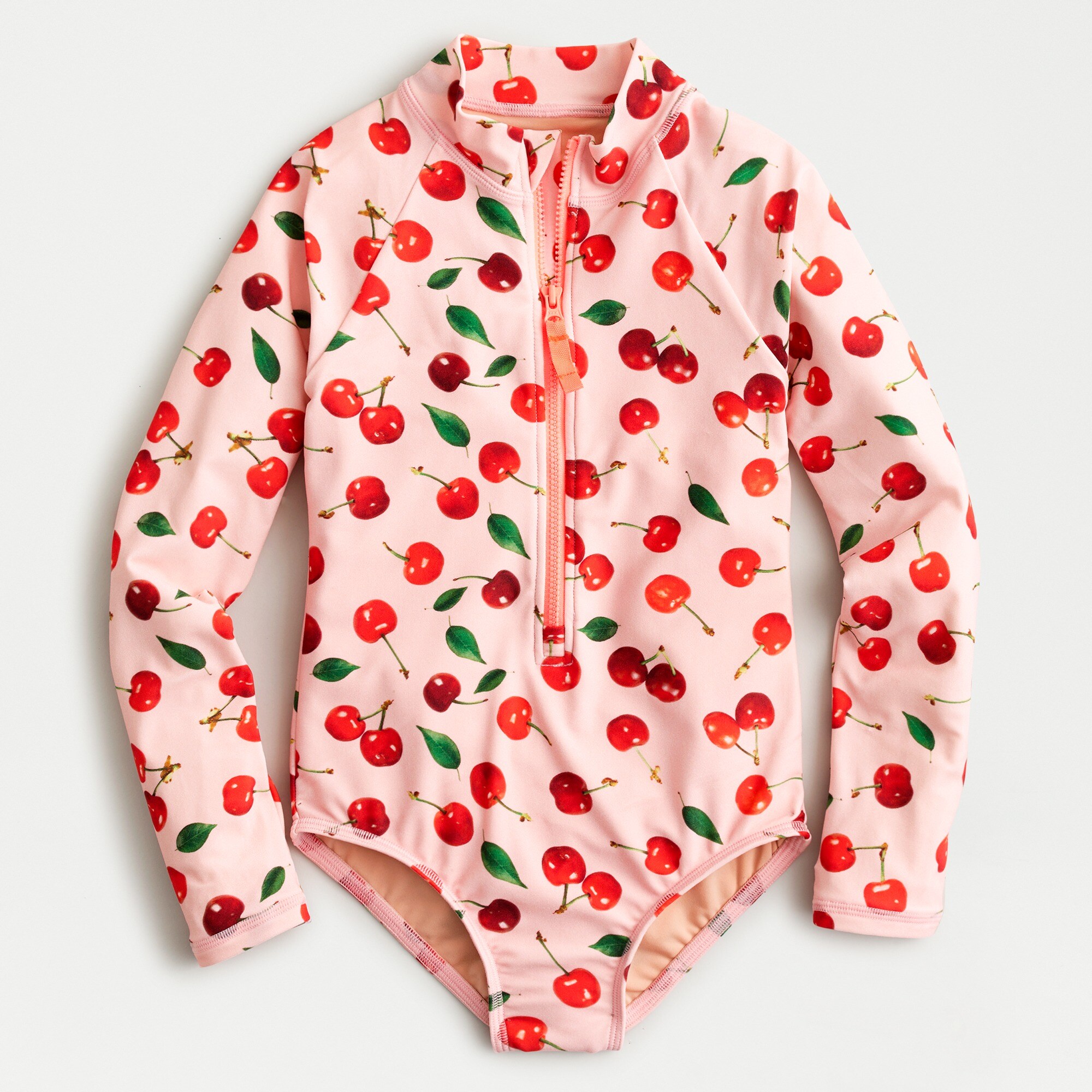 Girls' One-piece Long-sleeve Swimsuit In Cherry Print For Girls