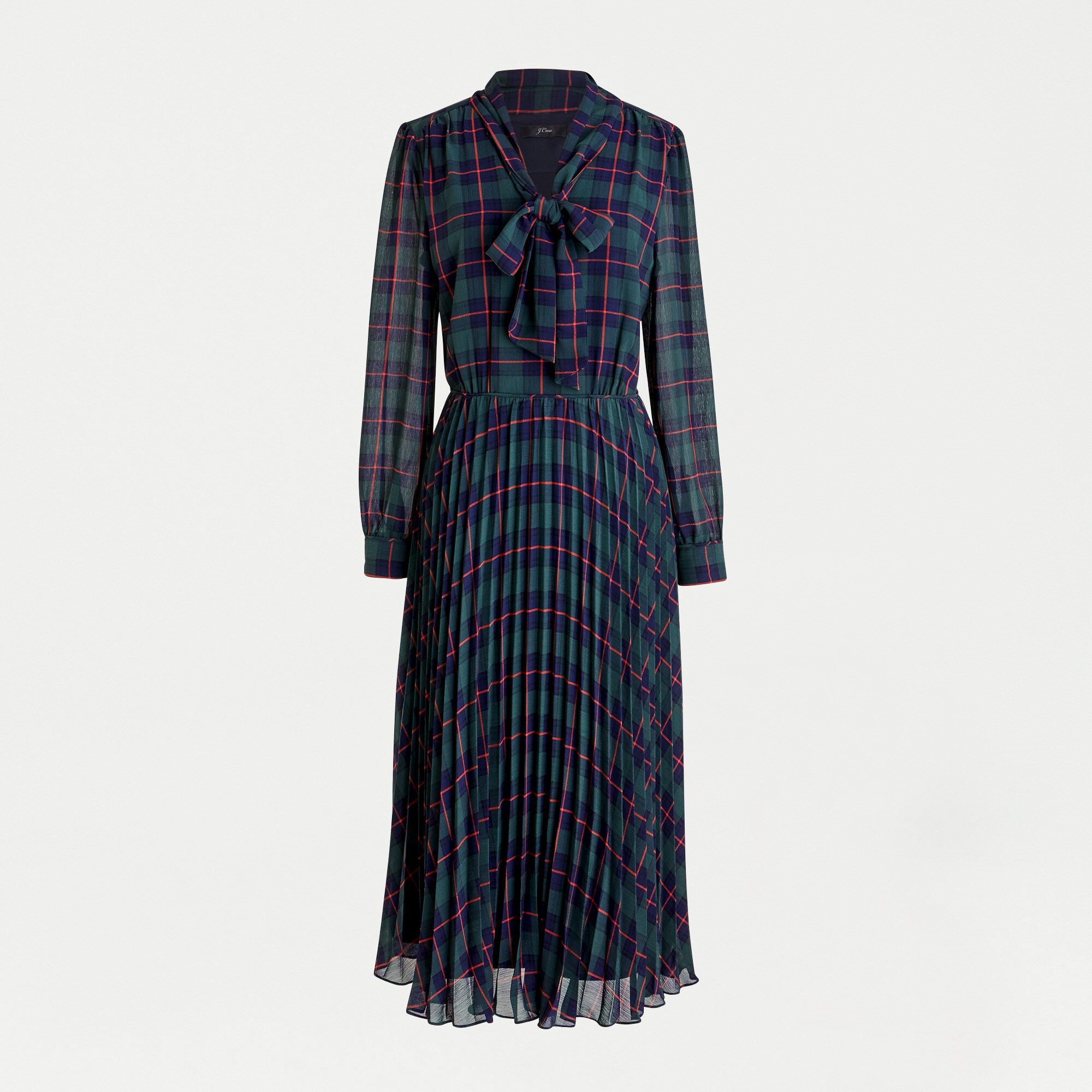 Tie-neck pleated A-line dress in Black Watch tartan