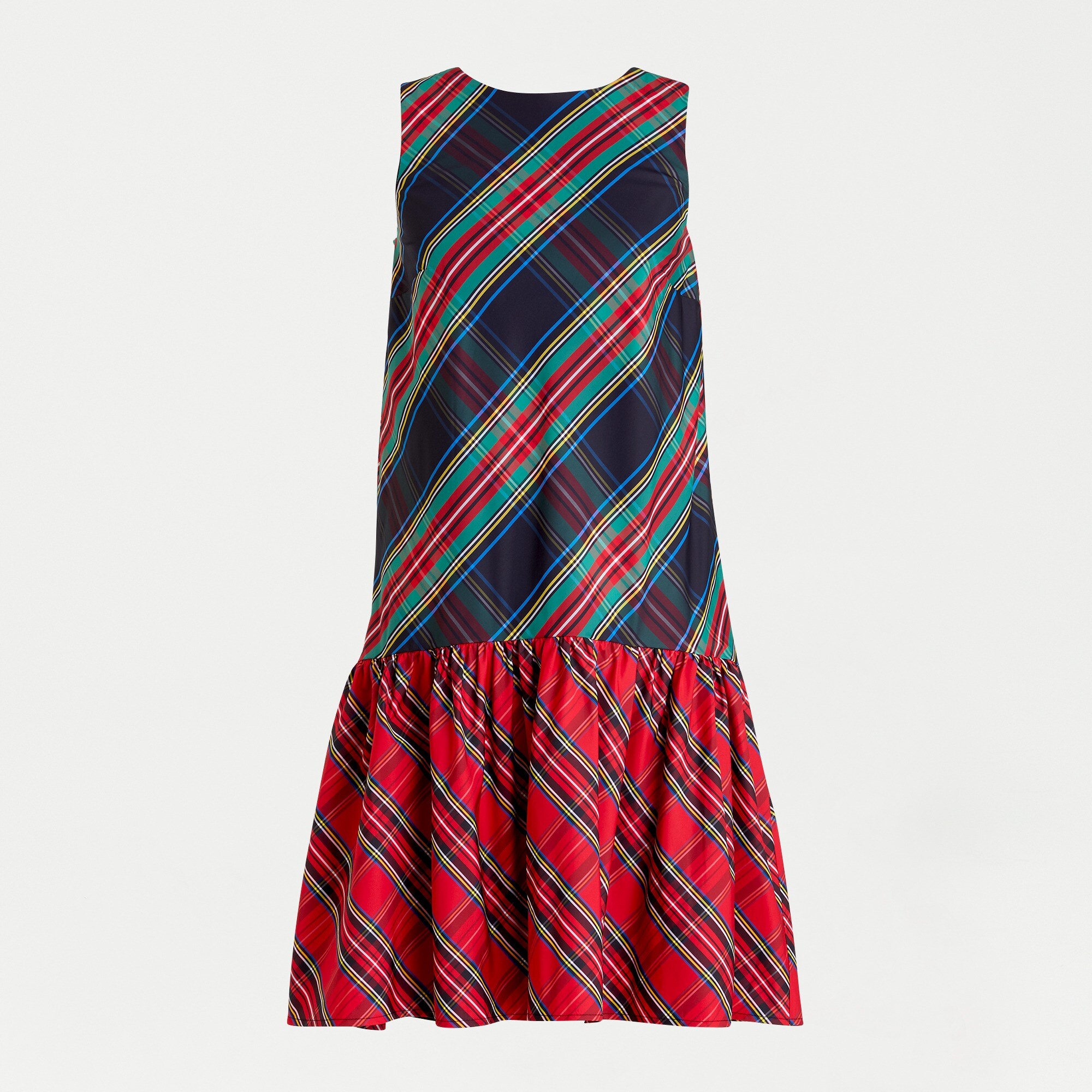 Sleeveless taffeta dress in mixed Stewart tartan