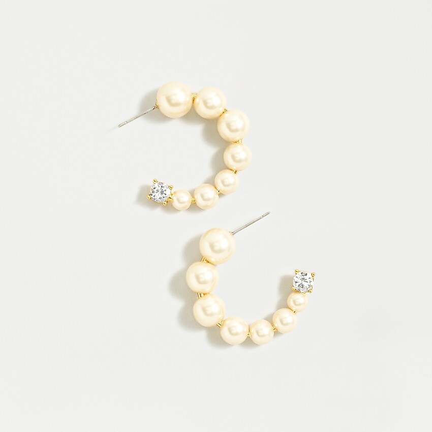 j.crew: small pearl and crystal hoop earrings for women, right side, view zoomed