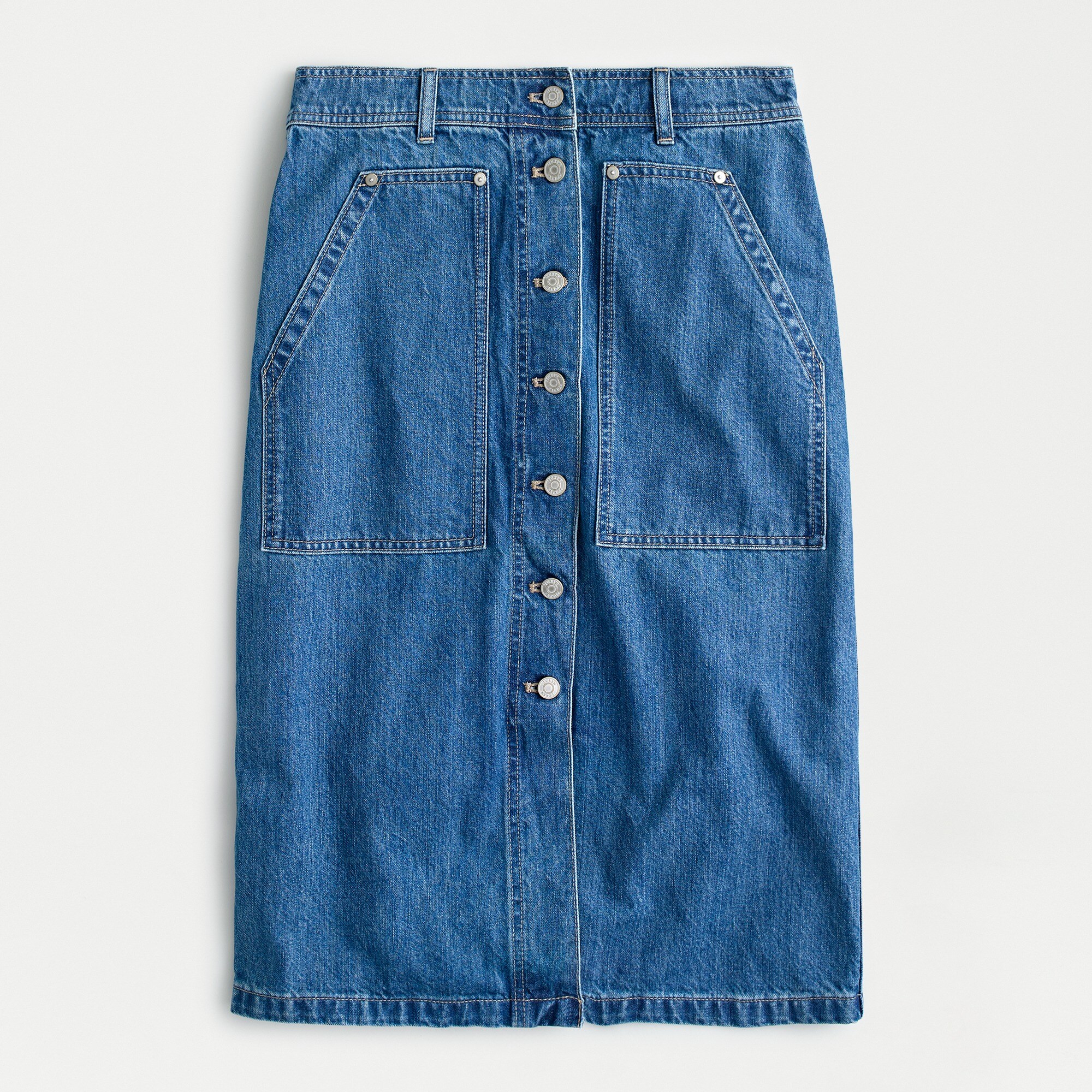 Button-fly cargo denim skirt in medium indigo wash