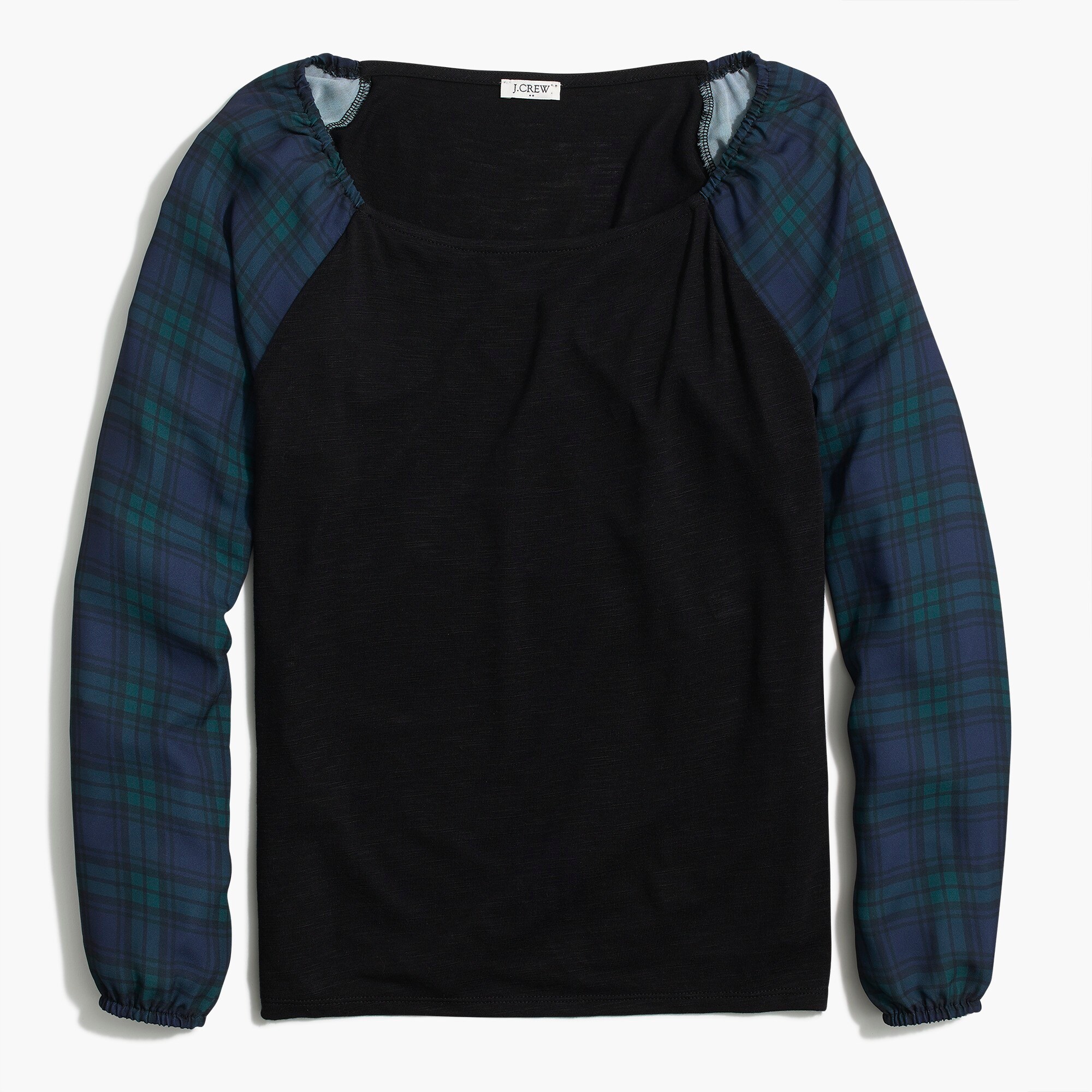 square-neck top with black watch plaid sleeves for women