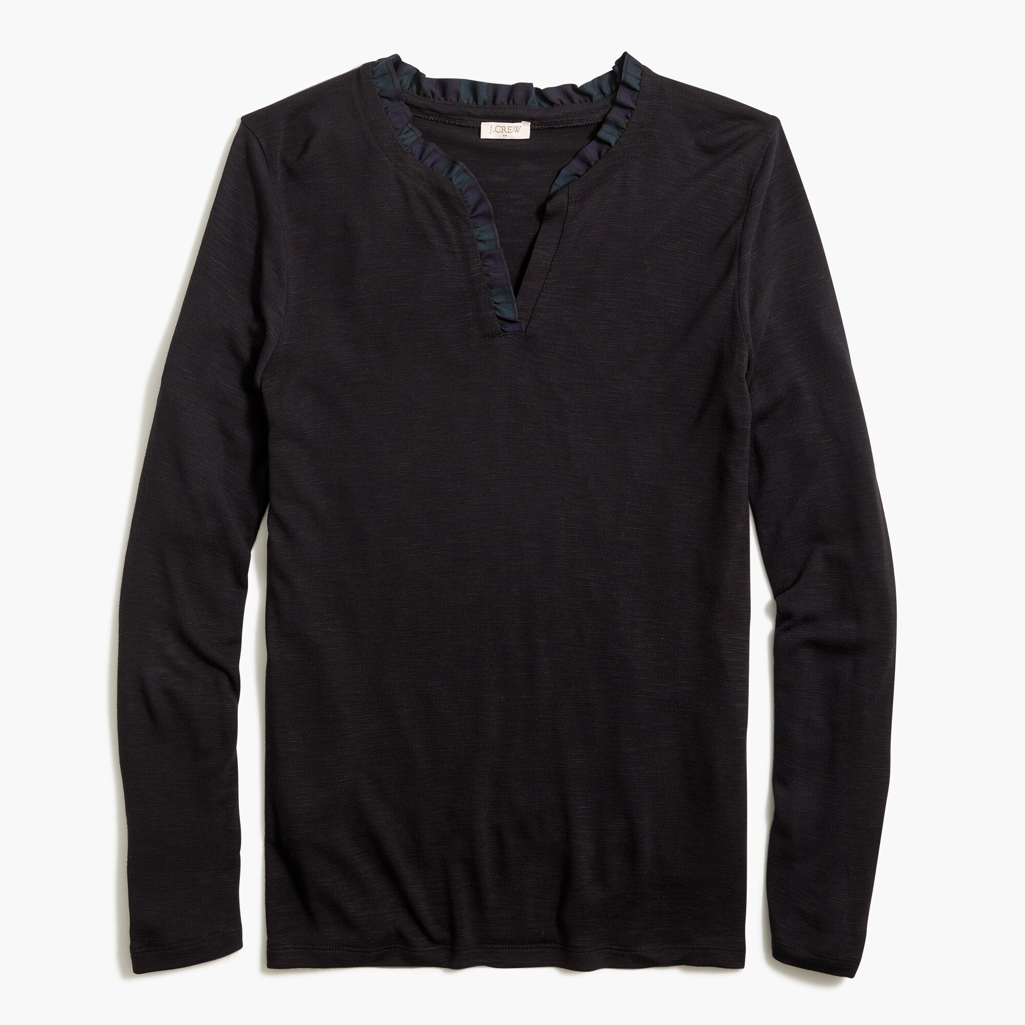 Long-sleeve tartan ruffle neck top