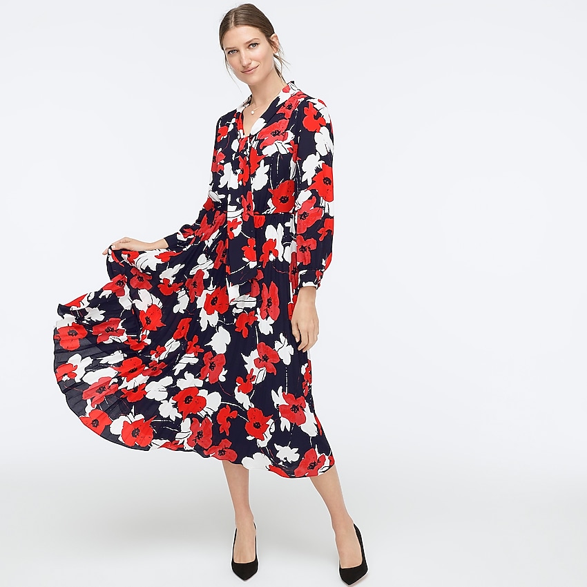 J.Crew: Tie-neck Pleated A-line Dress In Navy Poppy Floral Print