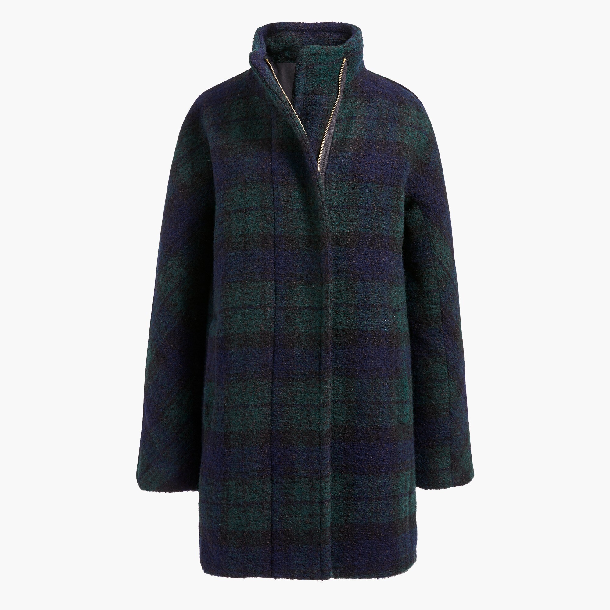 New bouclé city coat in Black Watch plaid
