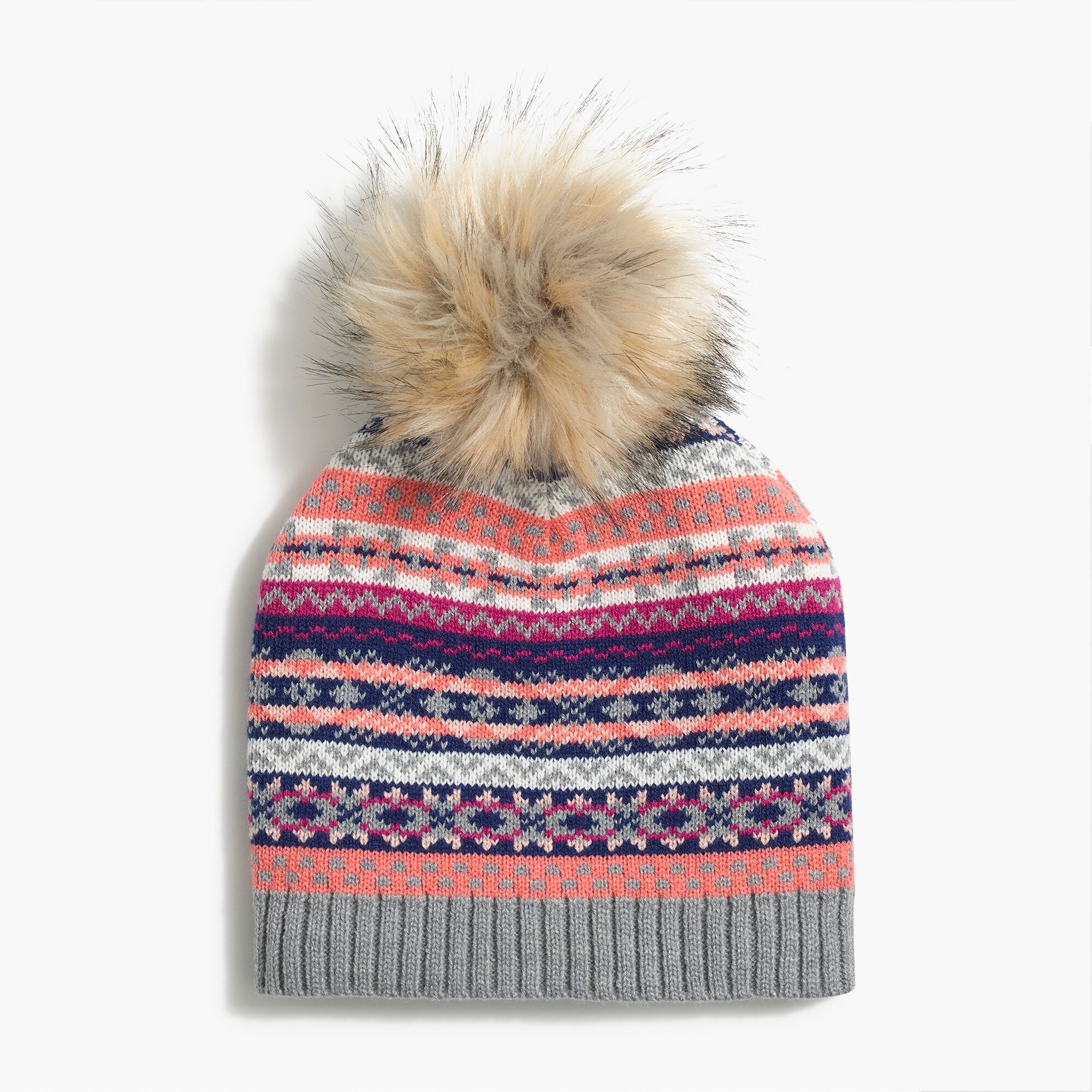 J. Crew Fair Isle Beanie Pink Cream 100% Wool Cuffed Pom Pom Winter Hat Snowcore NEW Girls main image 2