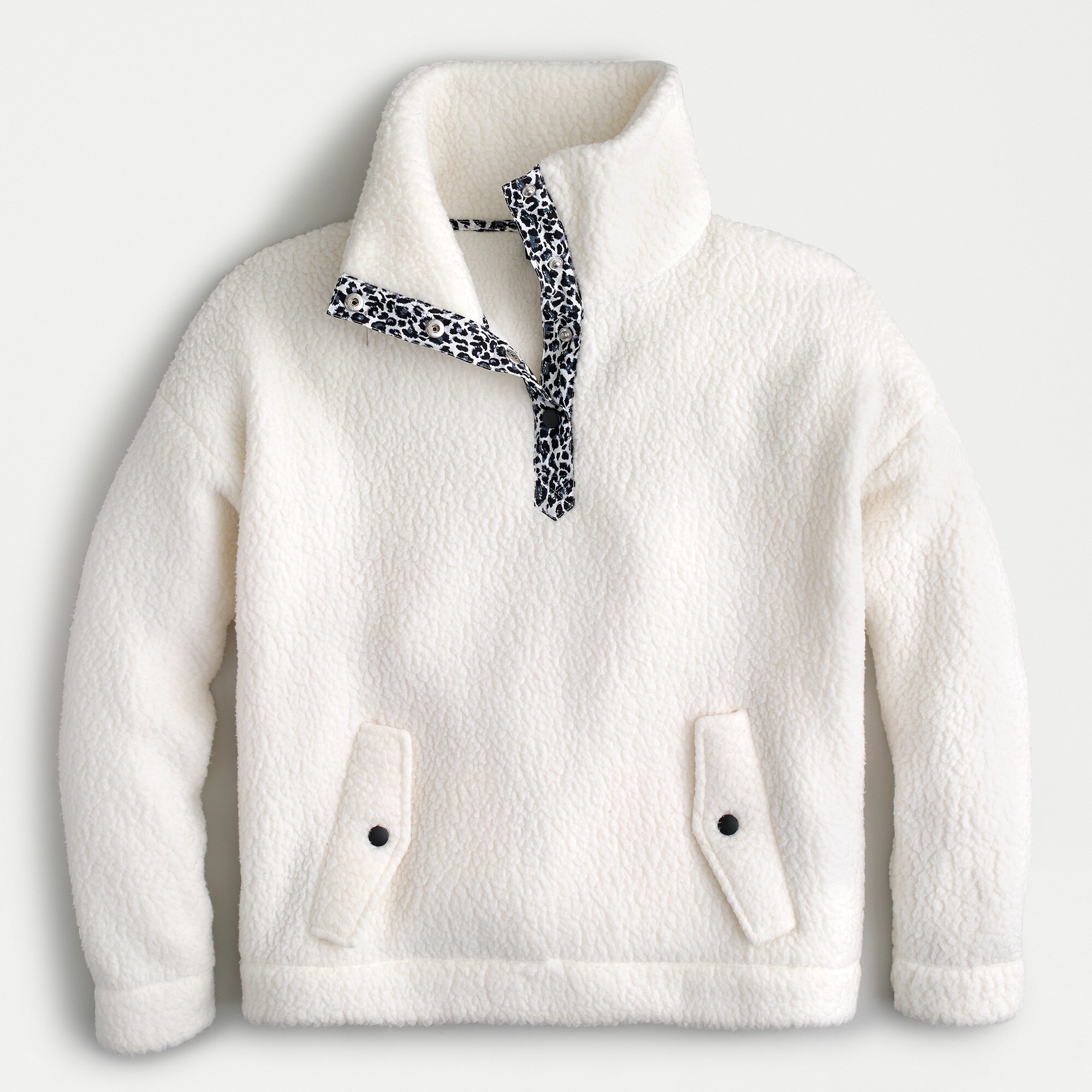 Polartec® sherpa fleece leopard-trim snap-collar sweatshirt