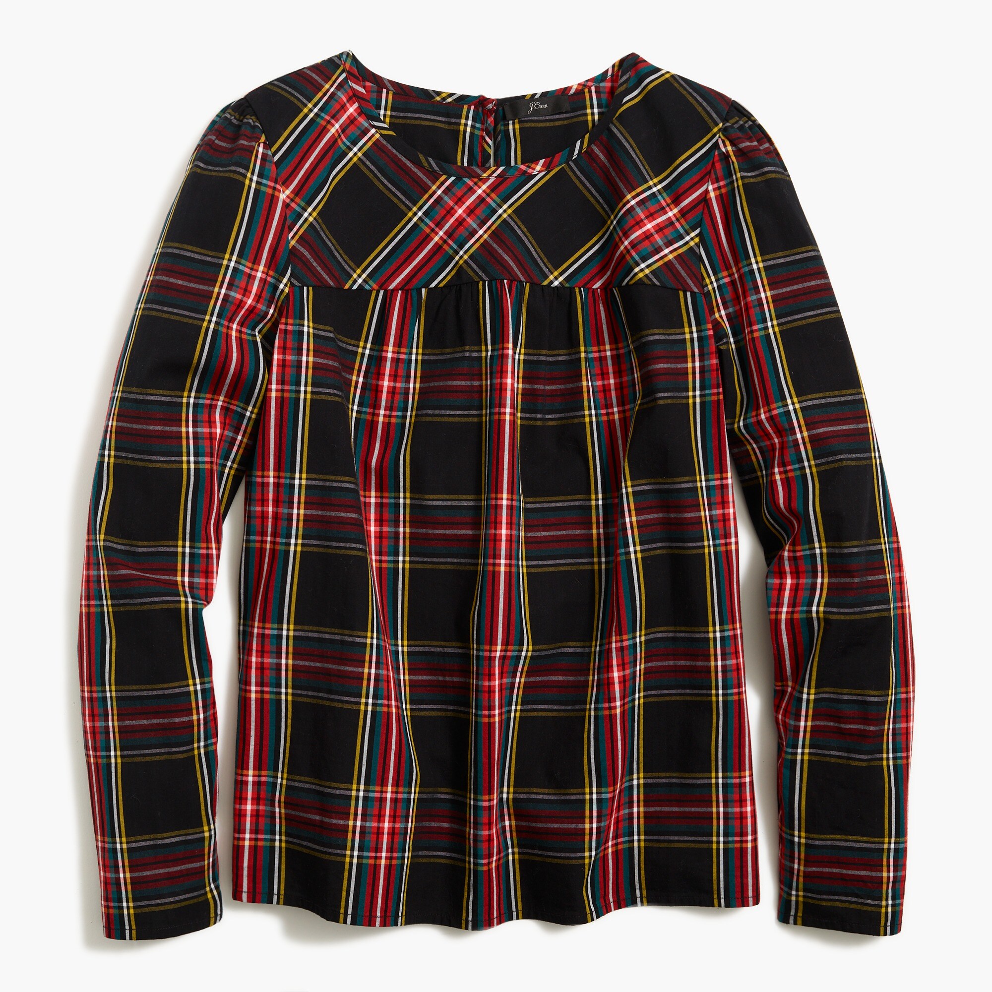 tartan puff-sleeve top in stretch poplin for women