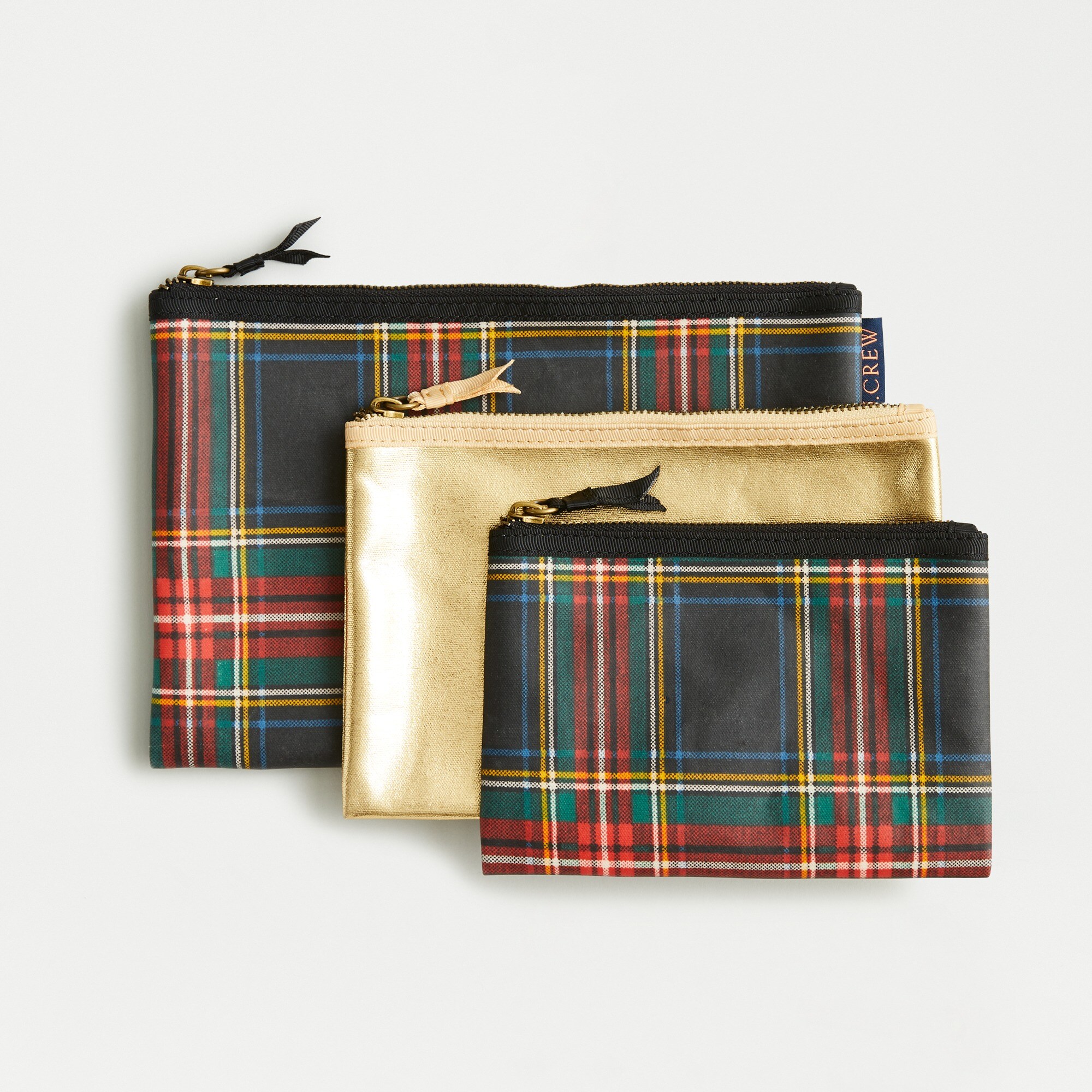 j.crew: pouch set in stewart tartan and gold, right side, view zoomed
