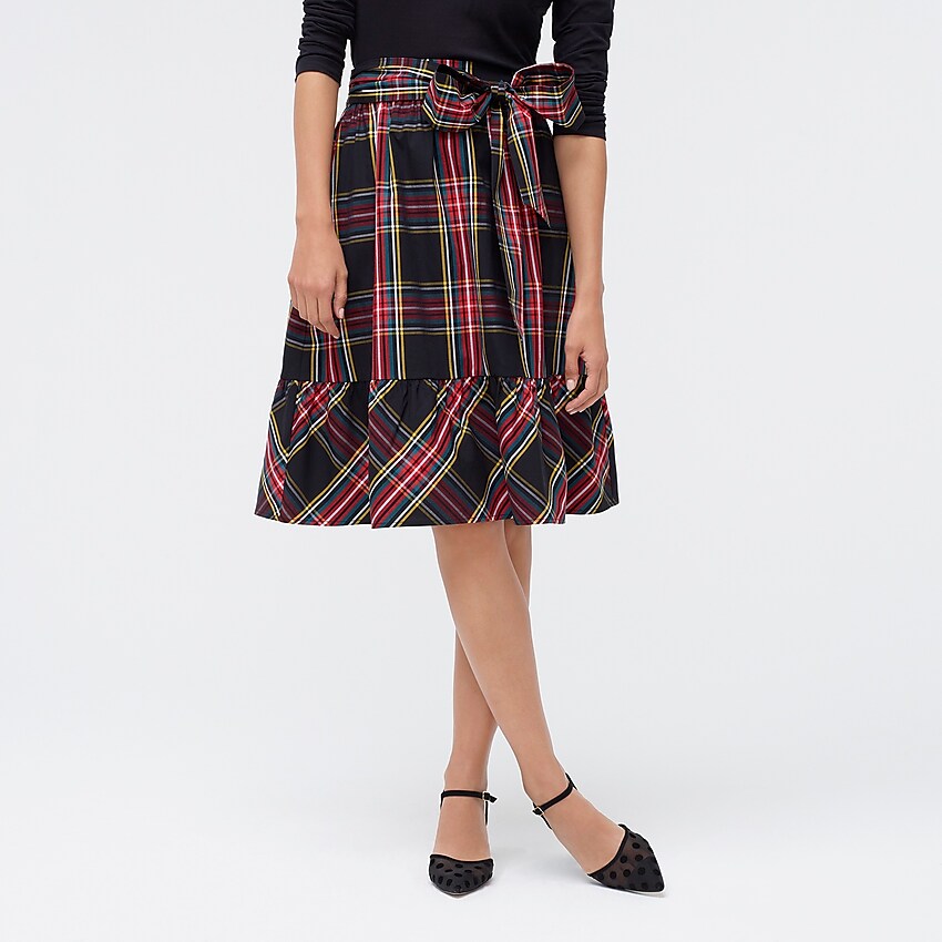 j.crew factory: big bow midi skirt in black watch plaid, right side, view zoomed