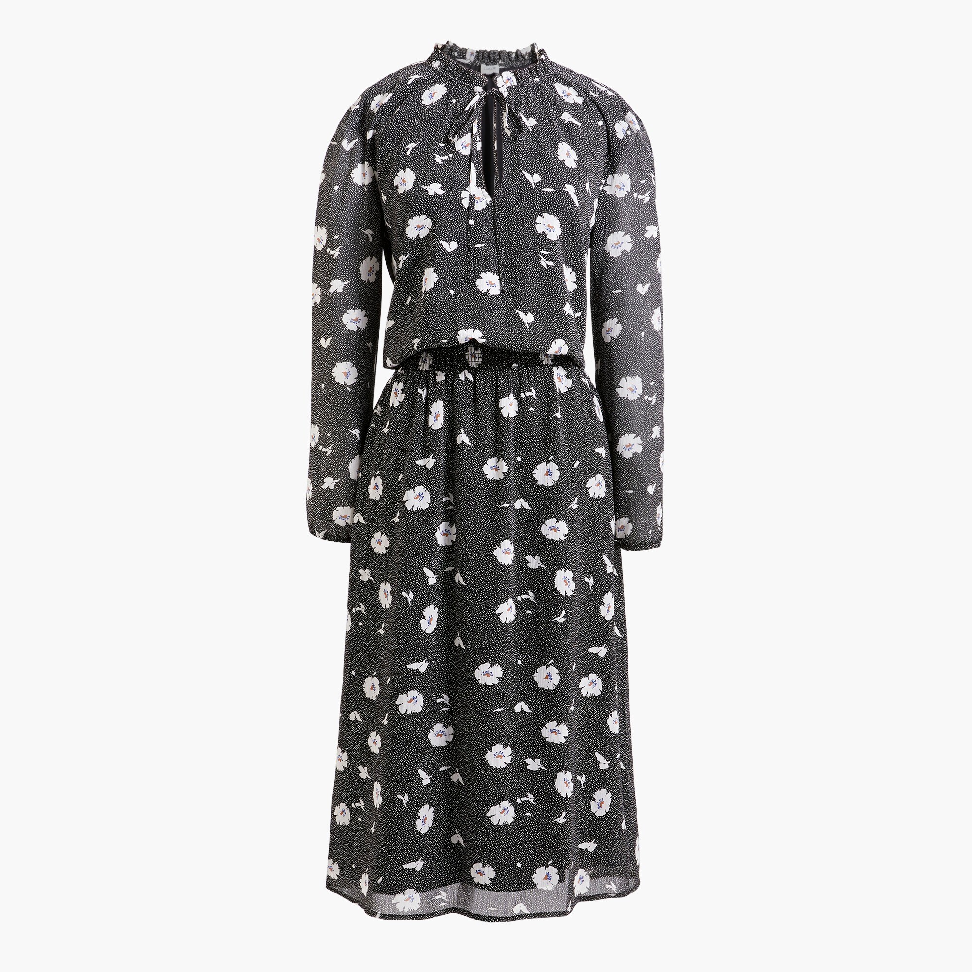 Long-sleeve printed tie-neck dress