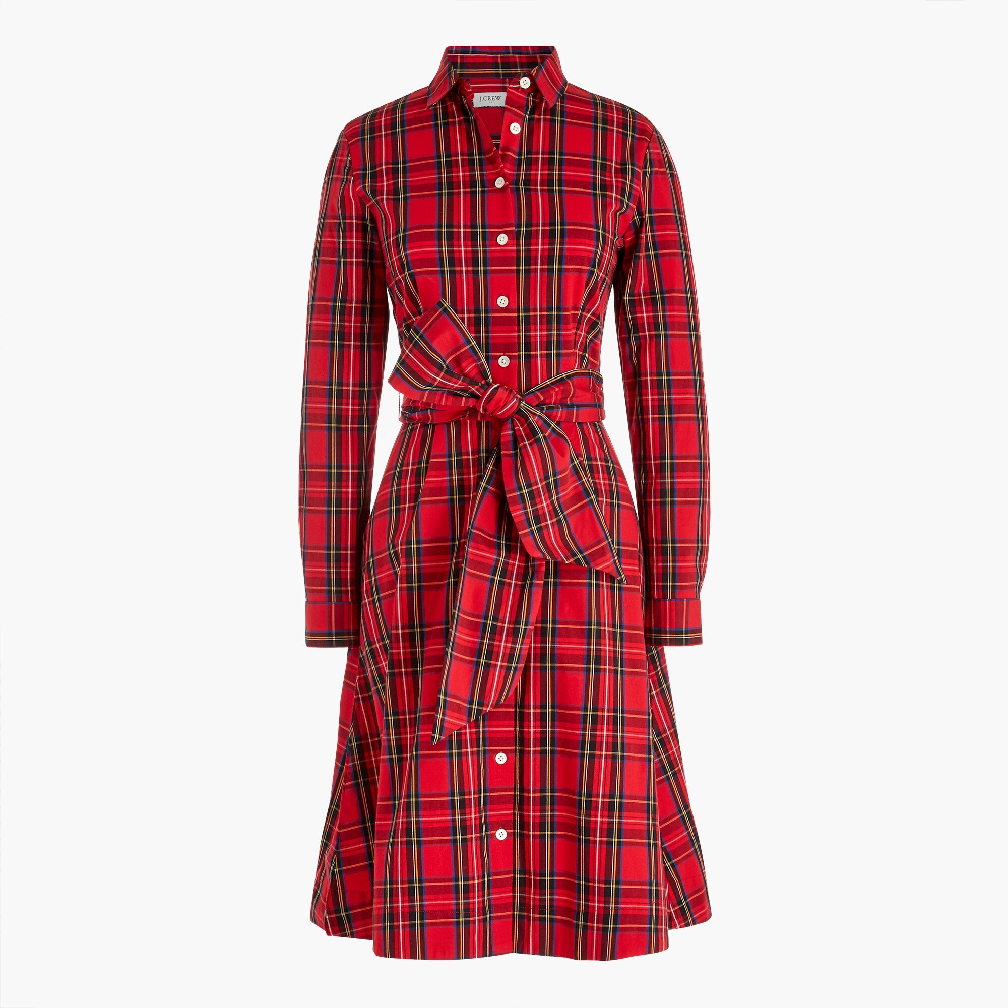 long-sleeve tie-waist shirt-dress in tartan for women