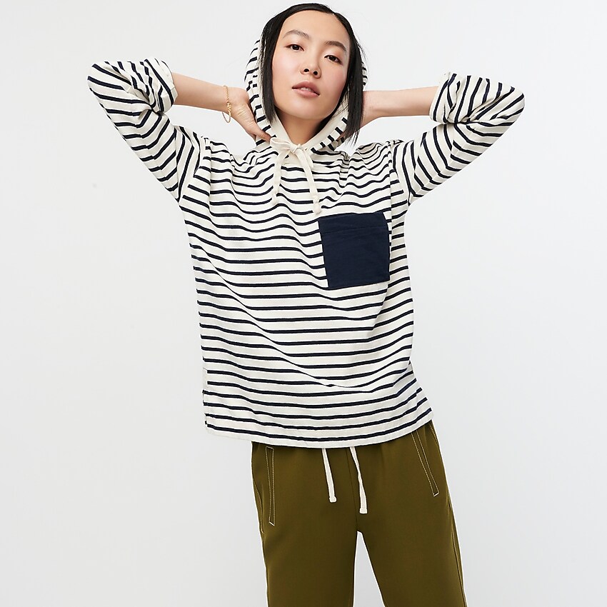 j.crew: patch pocket hoodie in striped mariner cloth, right side, view zoomed