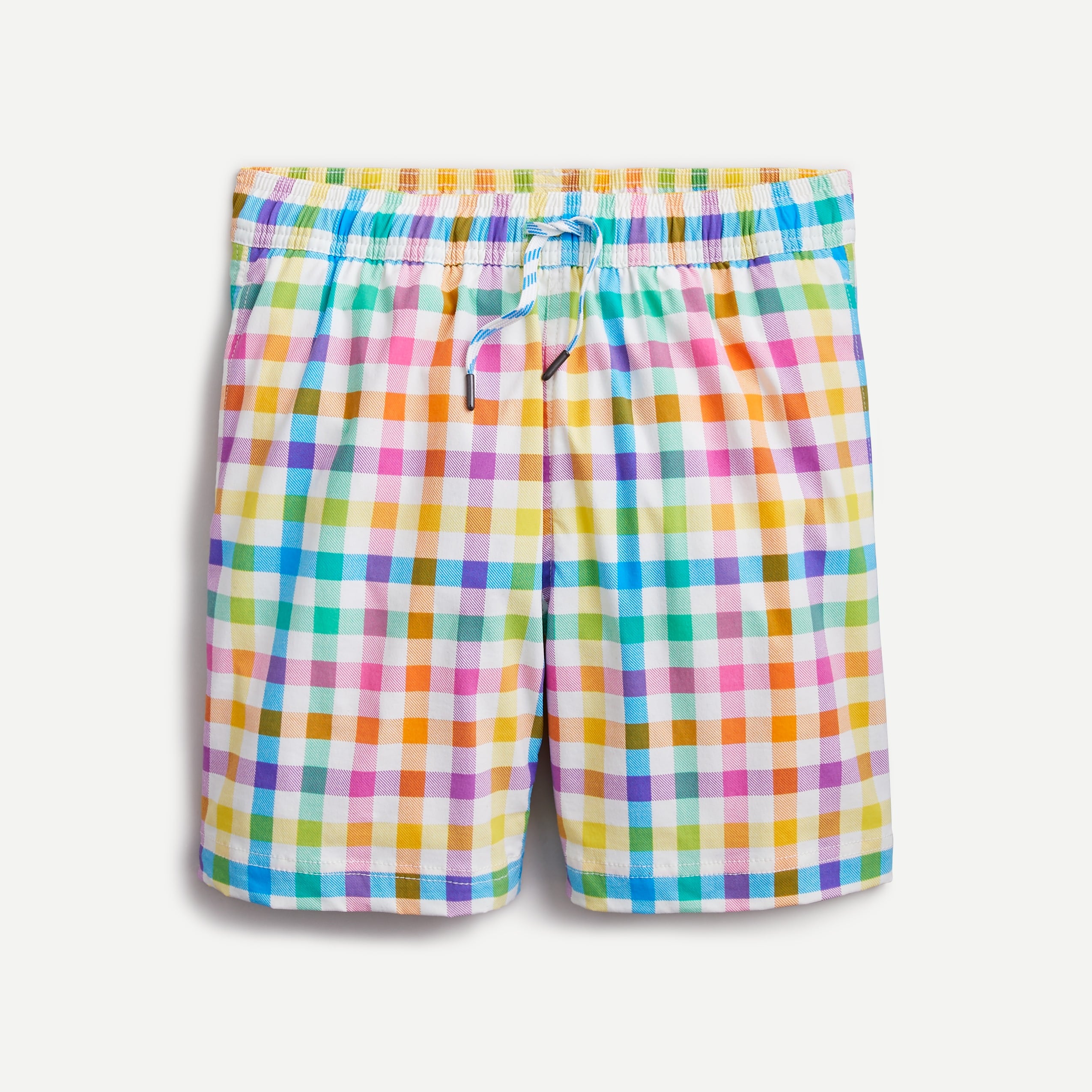 Boys’ swim trunk in rainbow plaid with UPF 50+