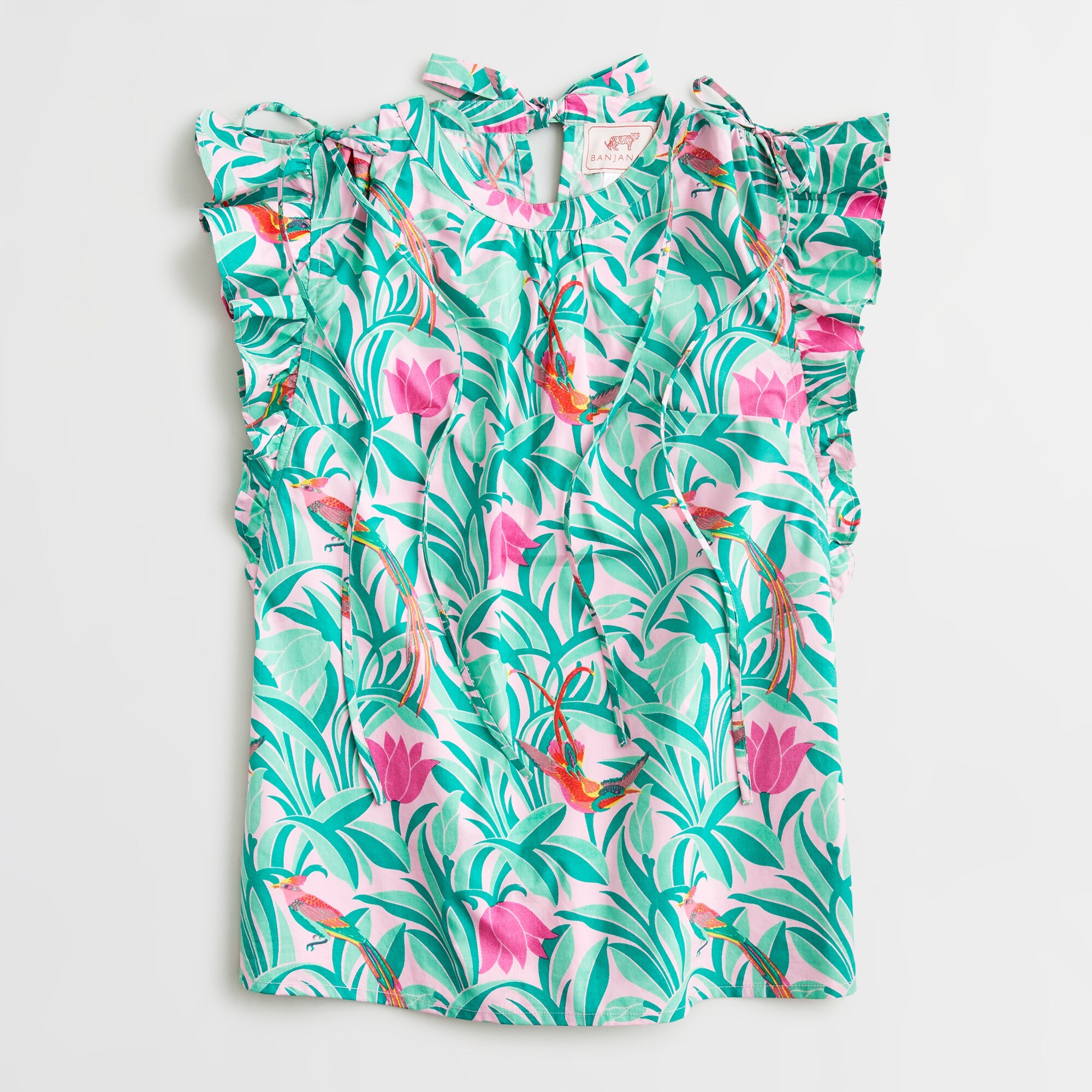 Banjanan Ruffle-trim Sleeveless Top In Tropical Garden Print For