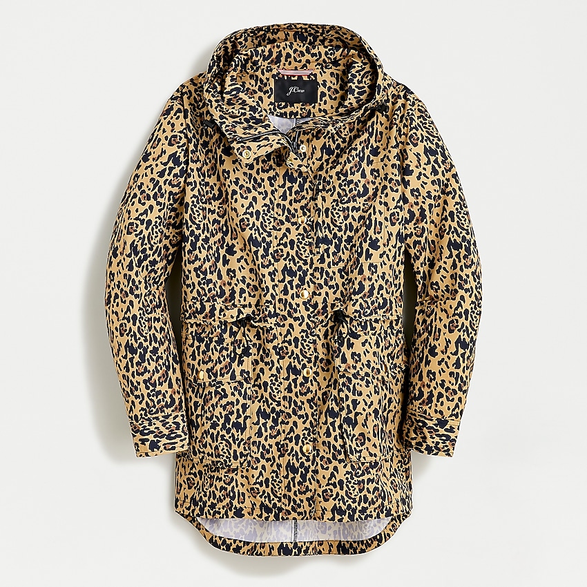 j.crew: perfect rain jacket in leopard print, right side, view zoomed