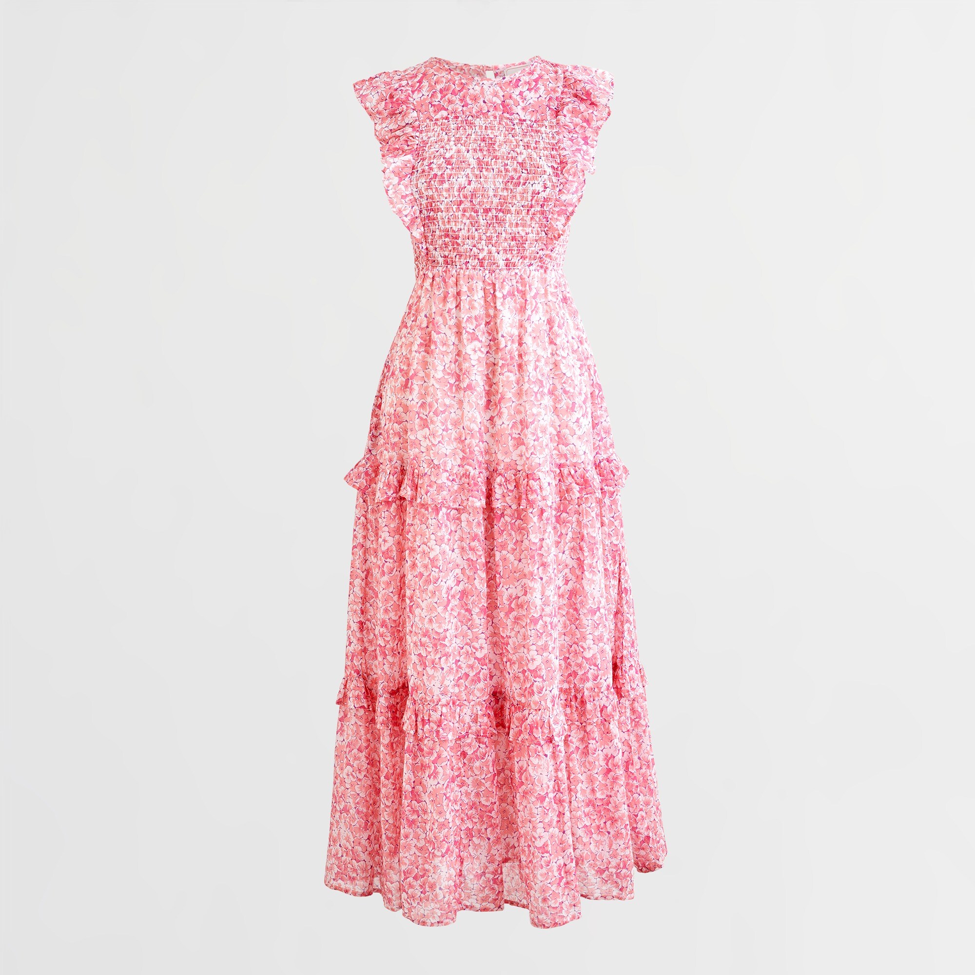 banjanan peony long sleeve fit & flare dress Peony Printed Ruffle Lantern Sleeve Maxi Dress in Apricot beige S-M